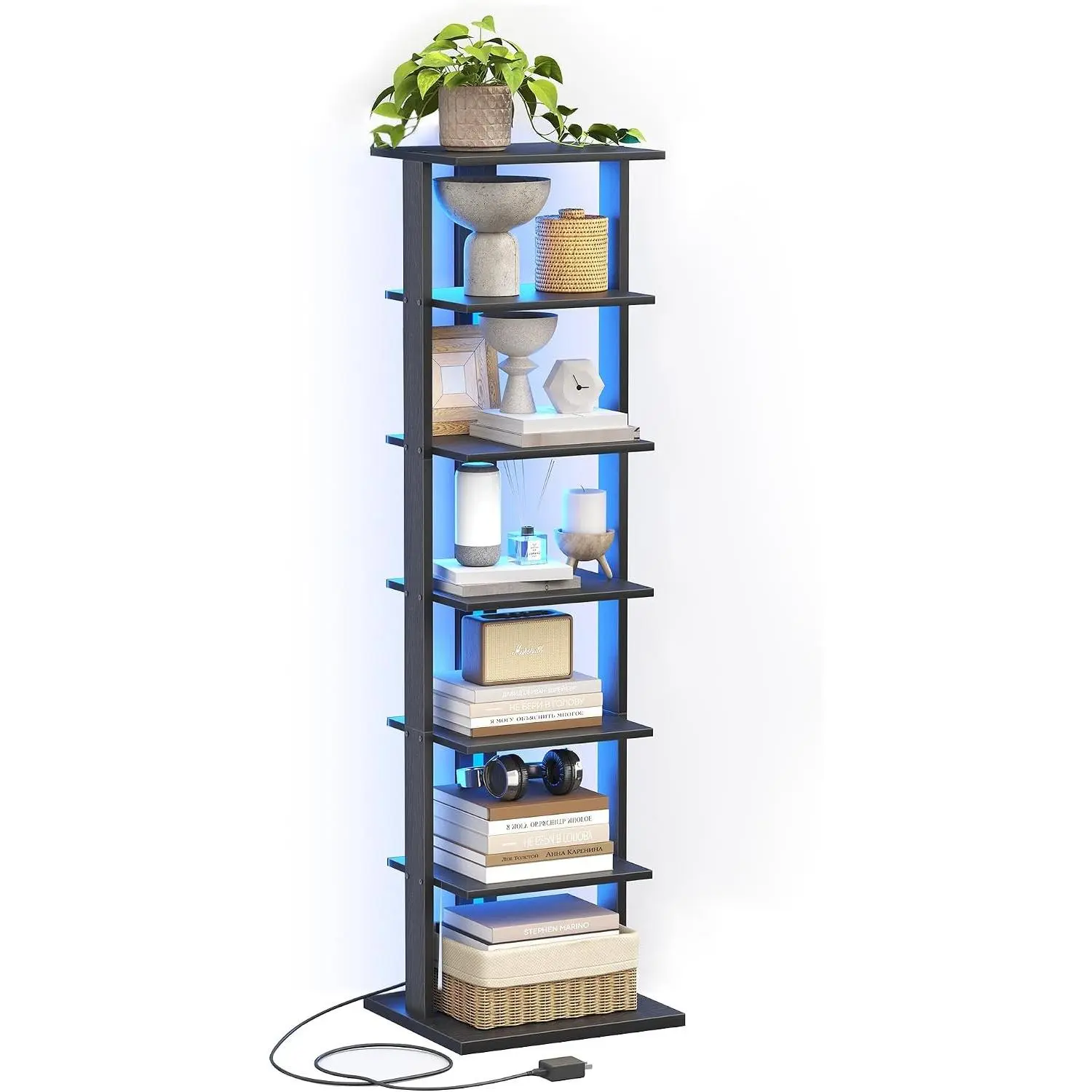 7-Tier Bookshelf, Narrow Bookcase with LED Lights, 47.2 Inch Book Shelf for Small Space, Display Storage Shelf for Living Room, Bedroom, Home Office, Study, Black