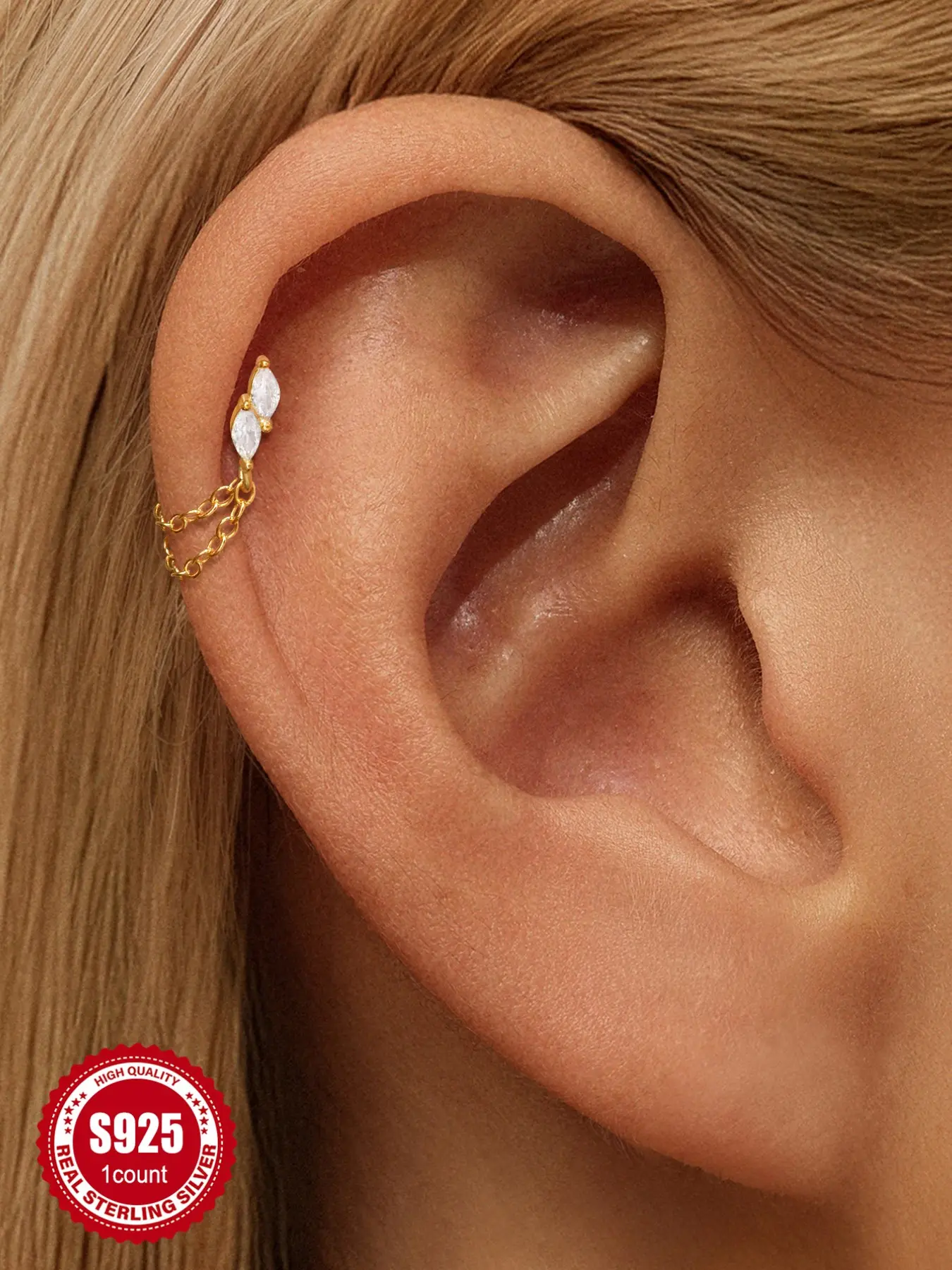 1Pc 18K Gold S925 Silver Flat Back, Timeless Modern Marquise Diamond Double Fringe Stud, Earring Studs, Fine Jewelry Non-Tarnish, High Quality Earrings, Ideal for Daily Wear, Weddings, Parties, Engagements, and Other Special Occasions