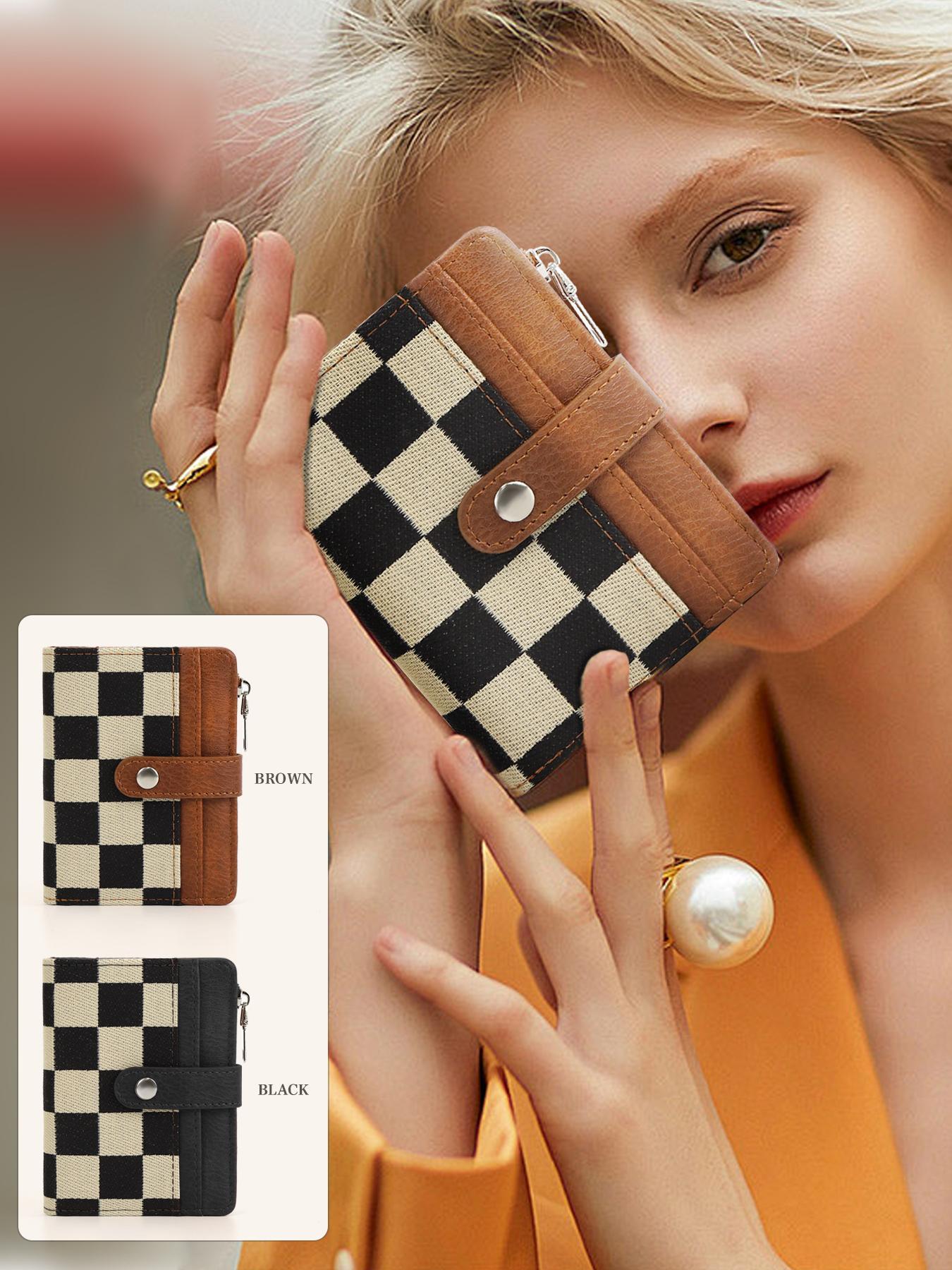 Women PU Leather Plaid Pattern Wallet Small Bifold Zipper Pocket Wallet Card Case Purse with ID Window, Casual Style All Seasons Bag Fabric