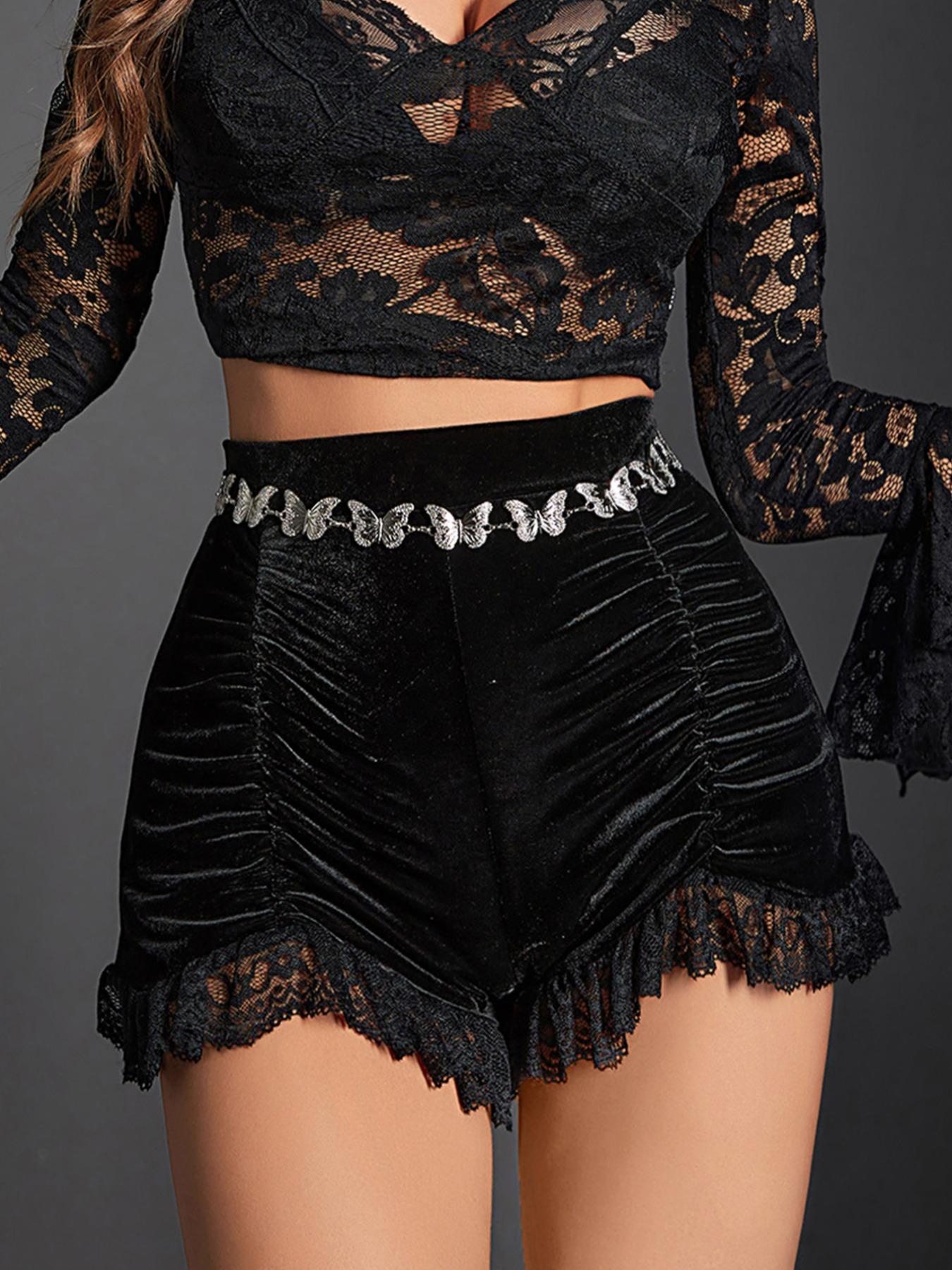 Women's Contrast Lace Ruched Velvet Shorts without Waist Belt, Goth Asymmetrical Hem High Waist Fitted Skinny Shorts for Party Holiday Vacation, Girly Clothing, Ladies Bottoms for All Seasons, Shorts for Women, Womenswear, Chic, Fashion