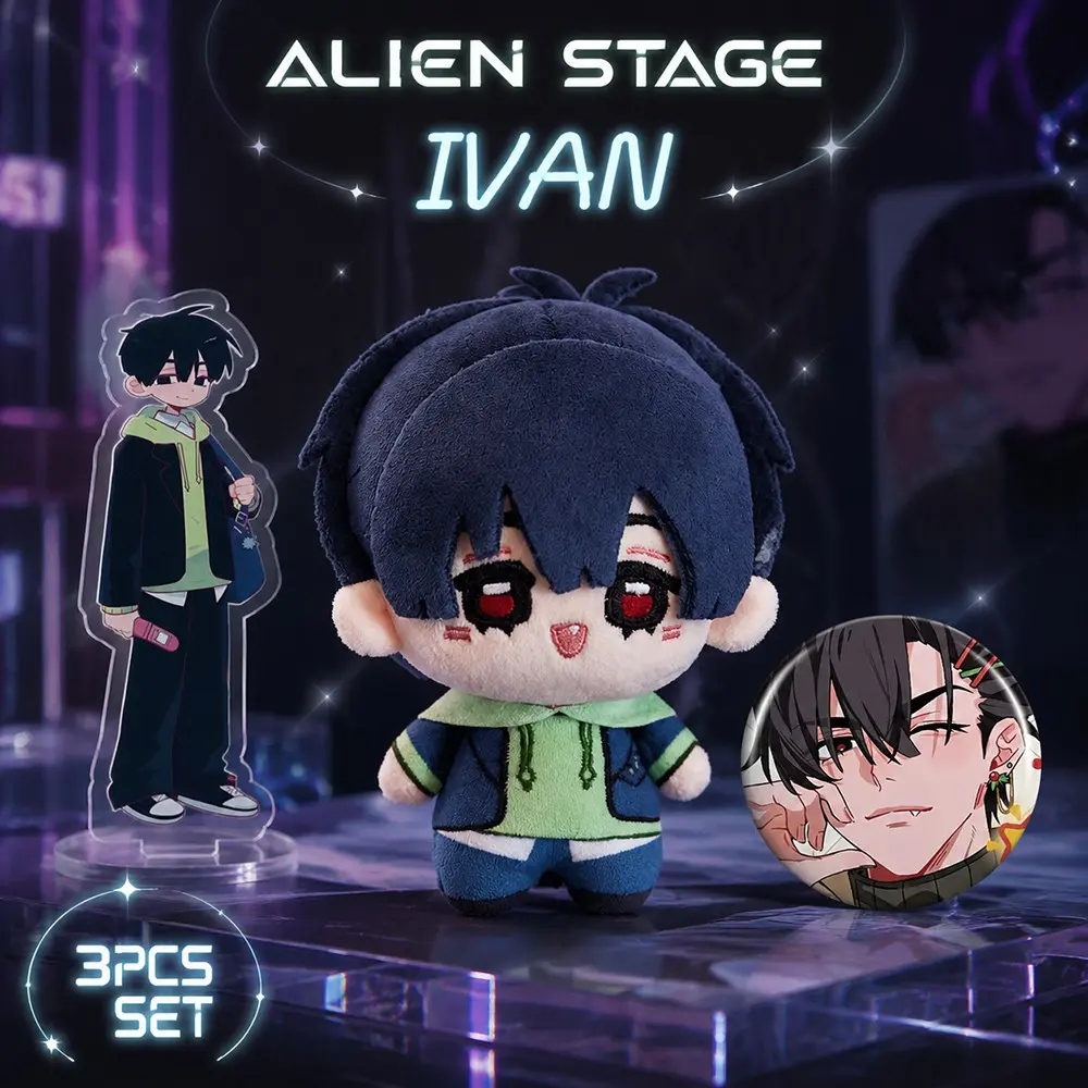 3-Piece Alien Stage Plush Set, 10cm Cute Anime Stuffed Toys, Includes Plushie, Badge, Stand, Soft Touch, Soft Cuddly Gift, Birthday Gift, Room Decor, Stuffed Animal Collectibles