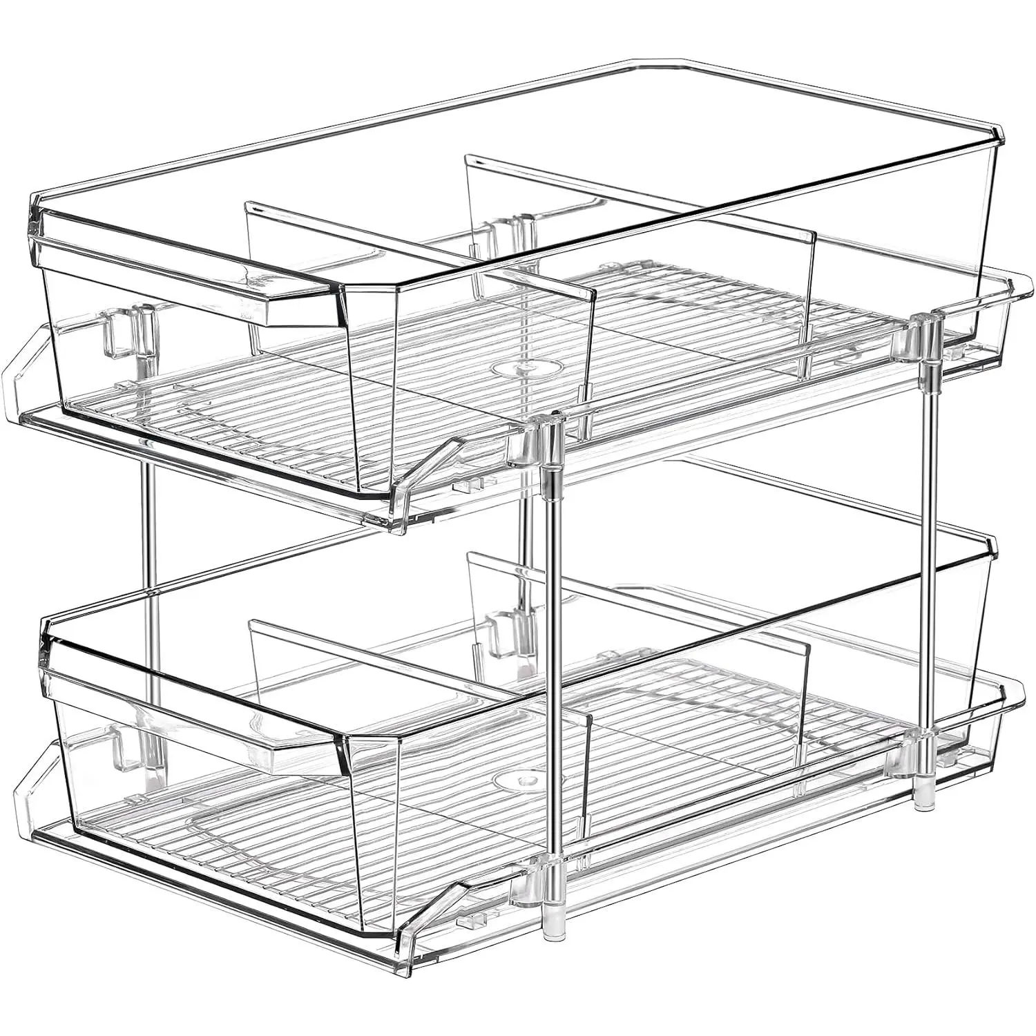 2 Tier Clear Organizer with Dividers for Cabinet, Shlef, Counter - MultiUse Slide-Out Storage Container - Kitchen, Pantry,  Cupboard Bins, Bathroom,  Makeup, Under Sink Organizing