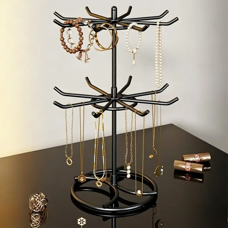 2-Tier Rotatable Desktop Jewelry Display Stand, Solves Tangled Keychains & Messy Small Accessories, Ideal for Desk Retail Stall, Thick Rustproof Iron with Stable Base & Multi Hooks, Multi-purpose Lipstick Keychain Storage Rack