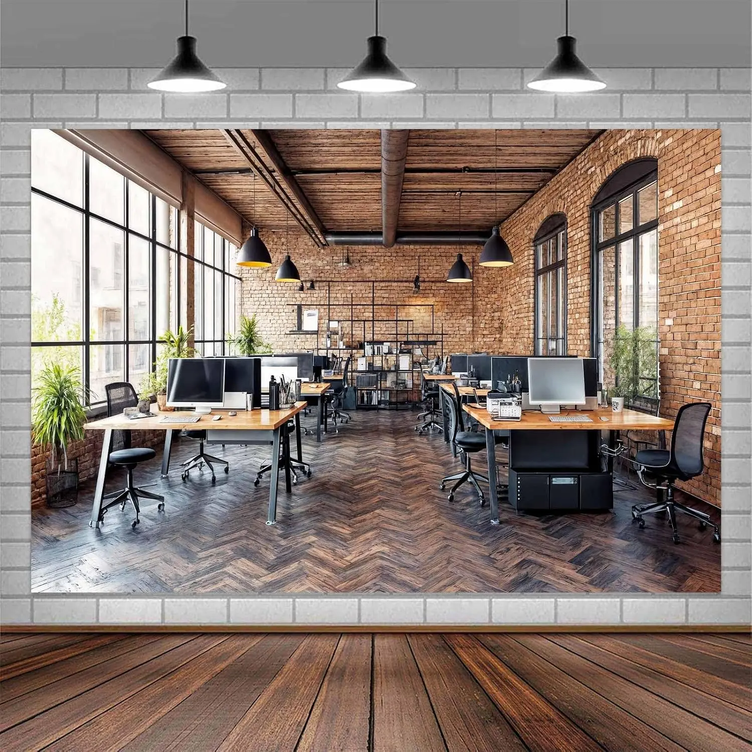 2D Falt, Office Backdrop for Video Conference Photography Backdrop Zoom Meeting Video Modern Home Office Background Online Meeting Interior Brick Wall Work Environment for Live Video Studio Props Decor