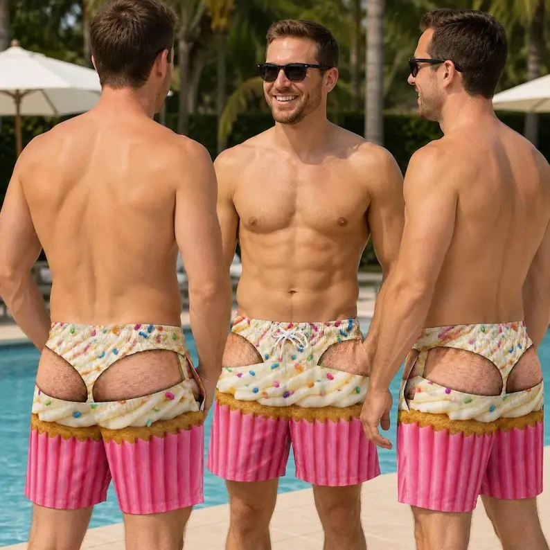 Men's Loose-Fit Cupcake Pattern Swimming Shorts - Multi-Size Funny Beach Wear, Hairy Butt Gag Gift for Bachelor Party Swim Trunks