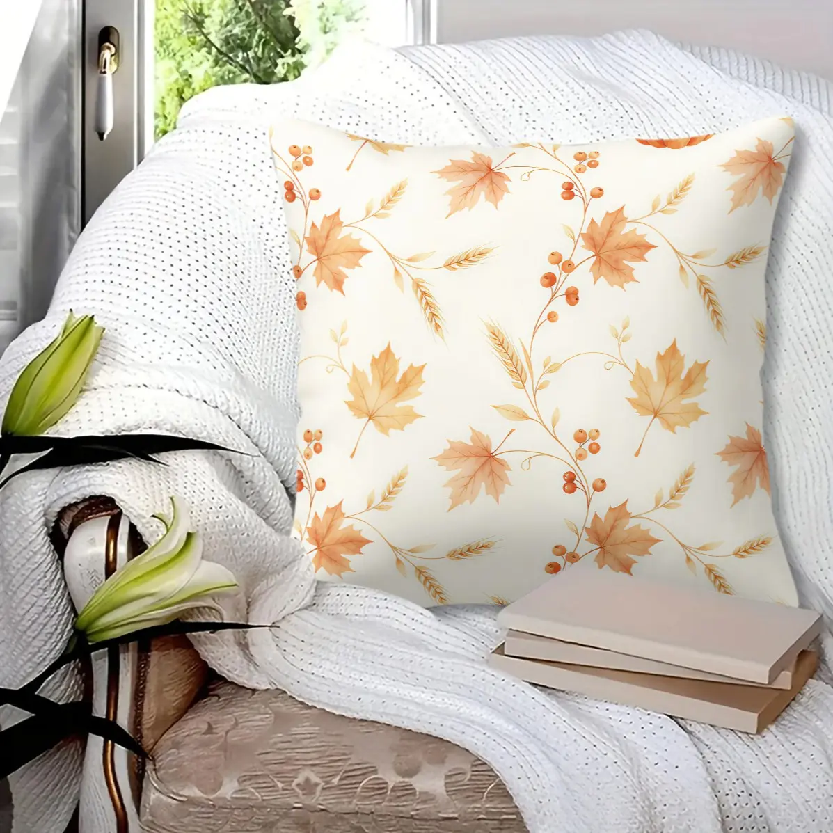45x45cm1Pc Fall Harvest Throw Pillow, Cute Pumpkin Maple Acorn Turkey Print, Warm Autumn Themed Living Room Sofa Decor Cushion With Insert