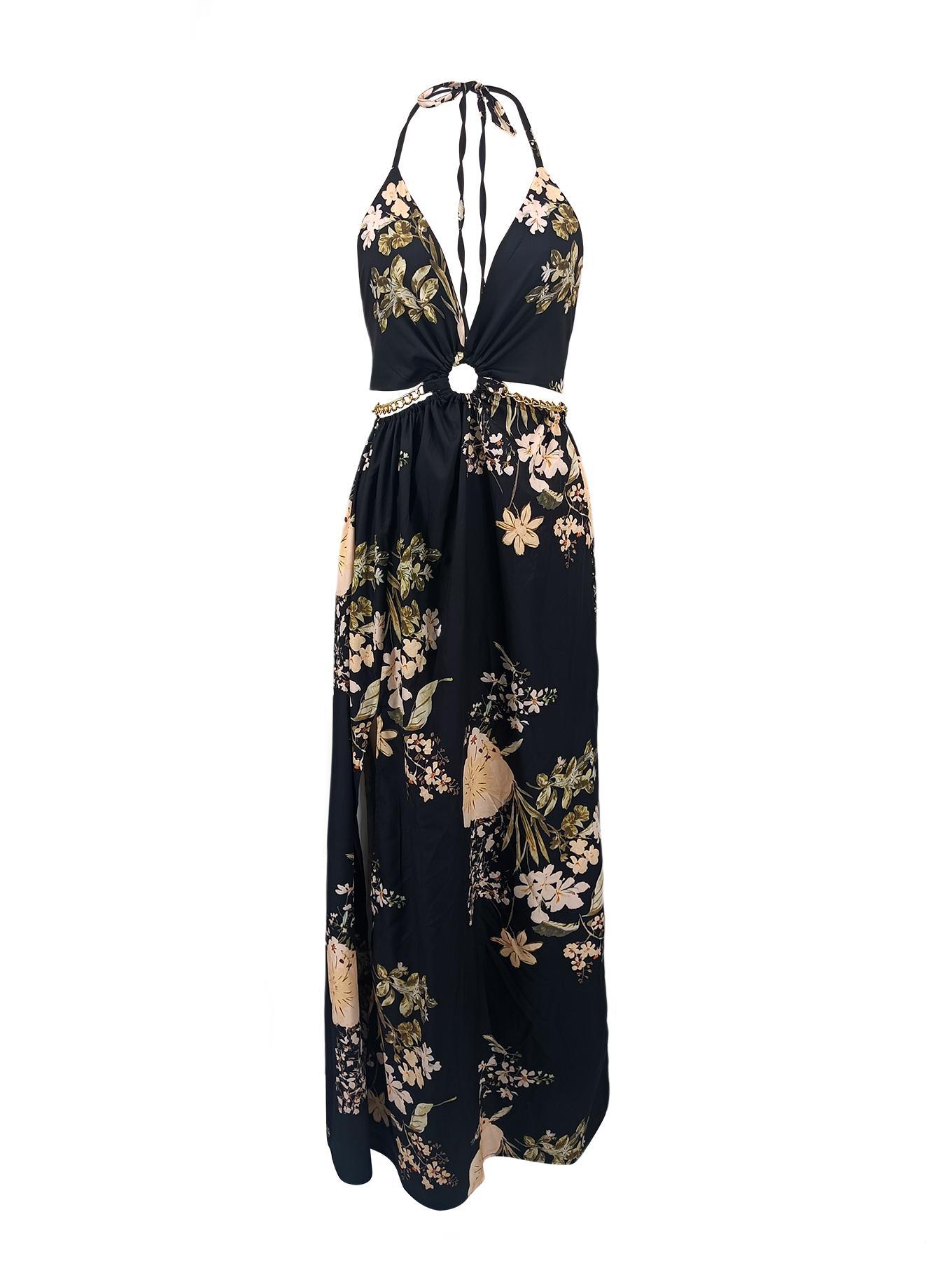Summer Floral Print Deep V Halter Neck Tie Split Maxi Dress Casual Wear Boho