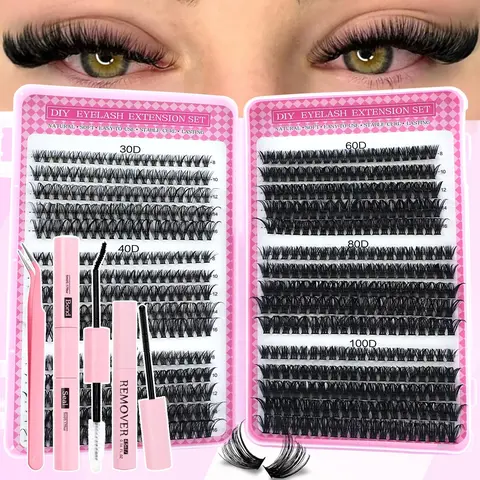 600 Pcs Eyelash Extension Kit with Glue, Tweezers and Remover, Mixed 8–16 mm Curl Lashes, Eyelash Clusters, Beginner-Friendly DIY Lash Cluster Set for Home Use, Includes Lash Tools, Eyelashes Extension Set