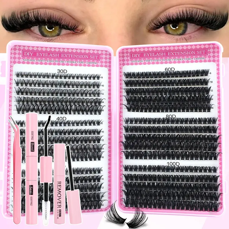 600 Pcs Eyelash Extension Kit with Glue, Tweezers and Remover, Mixed 8–16 mm Curl Lashes, Eyelash Clusters, Beginner-Friendly DIY Lash Cluster Set for Home Use, Includes Lash Tools, Eyelashes Extension Set