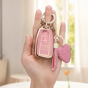 Toyota Key Fob Cover 2018-2024 Highlander RAV4 Camry Bling Pink Heart Diamond Keychain 4 Buttons Car Key Holder Smart Key Protector for Women