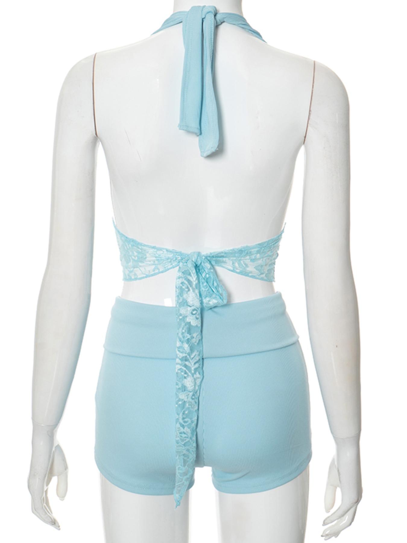 Two-Piece Set Women's Solid Sheer Contrast Lace Skinny Shorts Set, Sexy Tie Backless Halter Crop Top & Drawstring Shorts, Ladies Summer Clothes for Party Club Dating