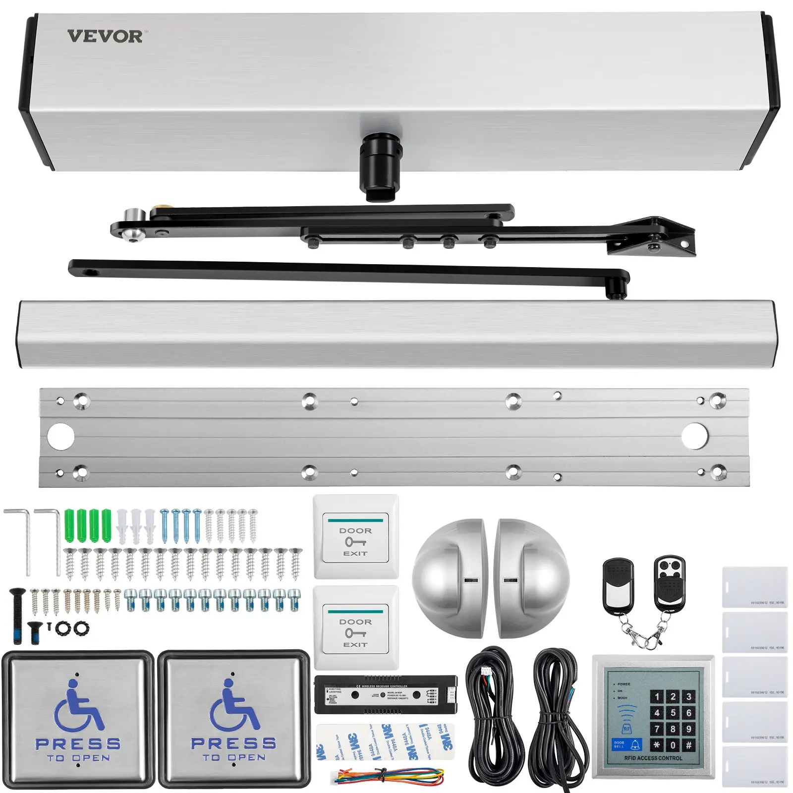 【DealsForYouDays】VEVOR Automatic Door Opener, 100-240V for Max. 220lbs Doors, Swing Door Operator for Disabilities with 2 Wireless Remotes, Keypad, 2 Exit Buttons, 5 ID Cards, 2 Stainless Steel Push Buttons, CE Listed