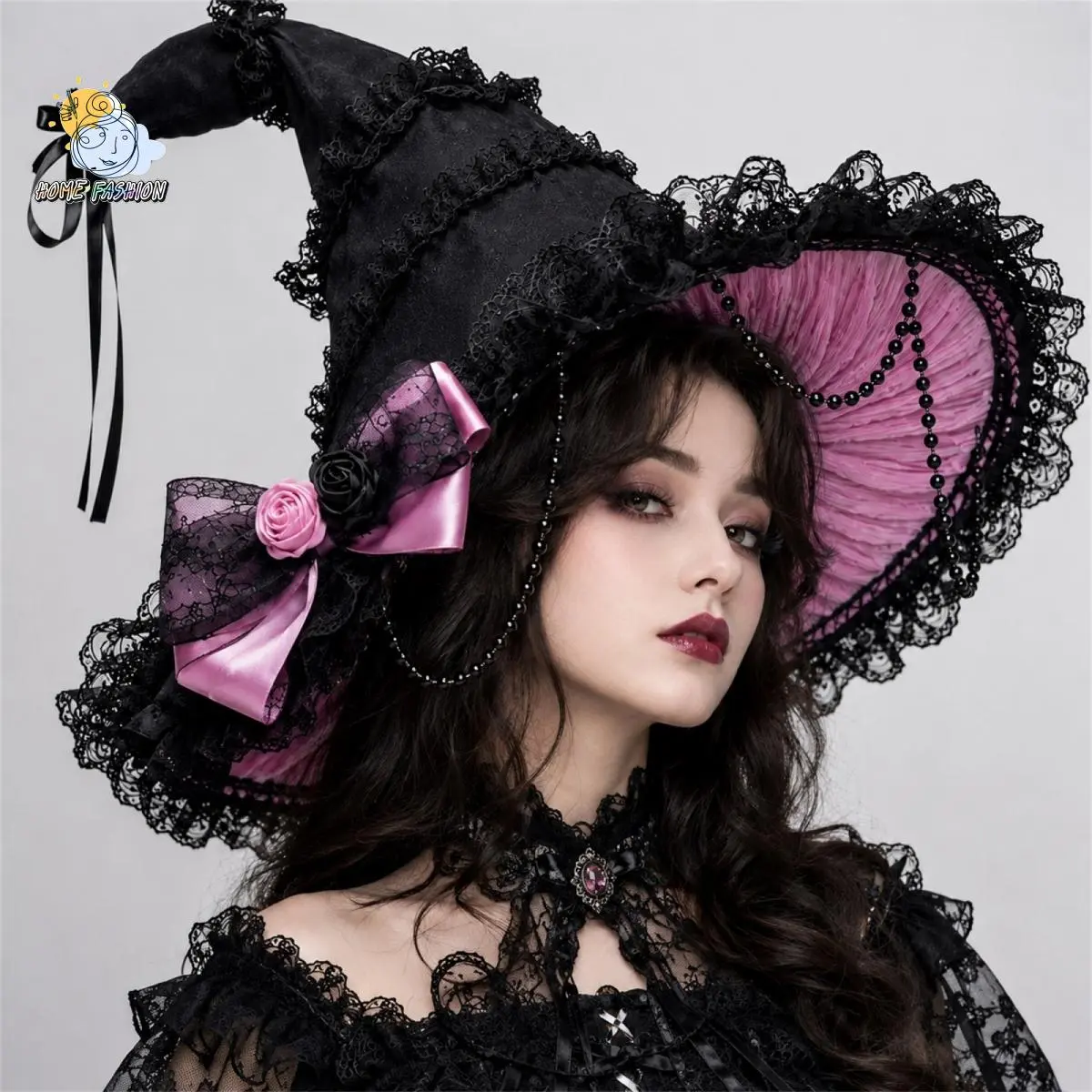 Halloween Pointed Witch Hat Gothic Ruffled Lace Trim Wide Brim Wizard Cap