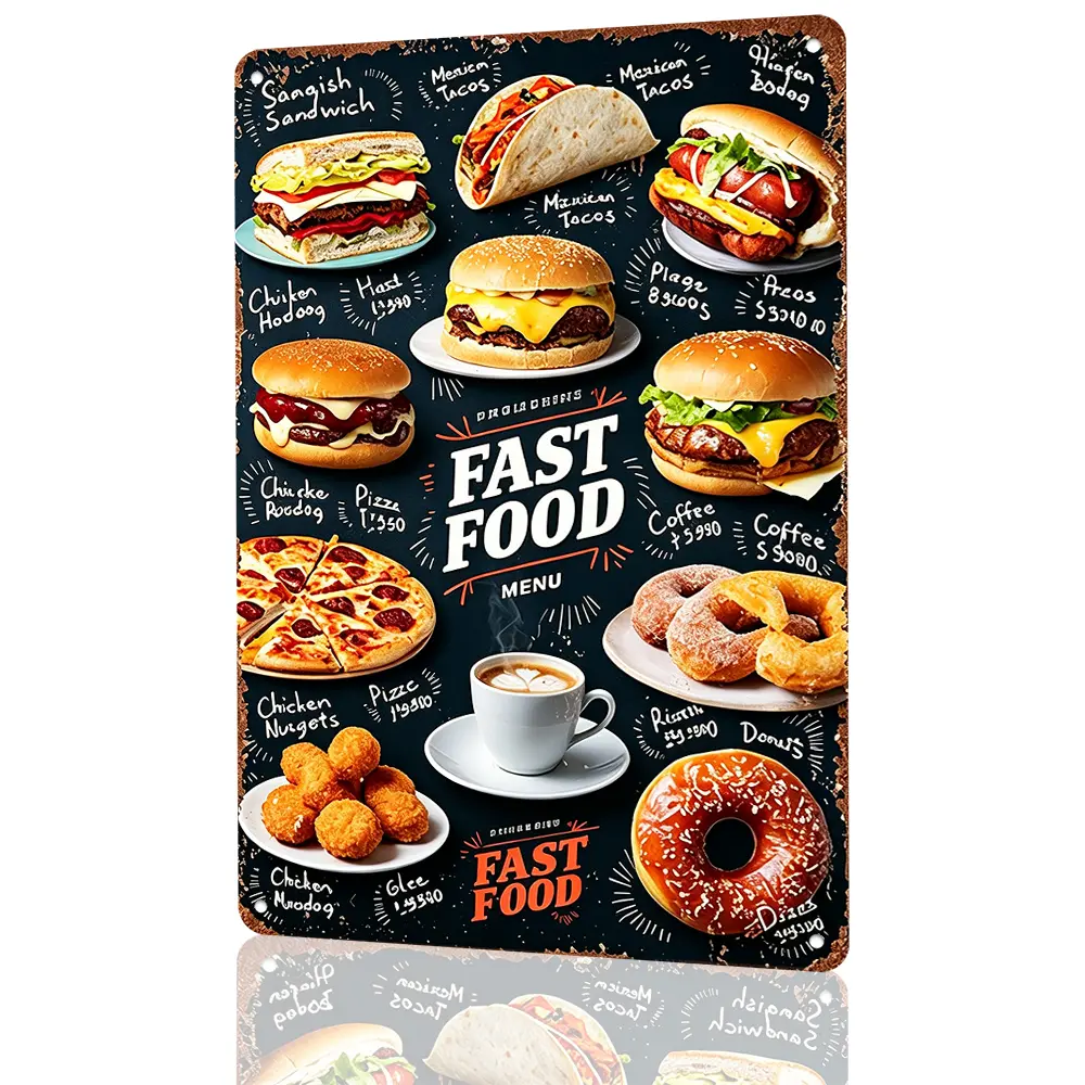8×12 Inch Chalkboard Fast Food Menu Aluminum Metal Sign, Vintage Diner Burger Taco Pizza Donut Coffee Wall Decor, Colorful Food Truck Restaurant Plaque, Perfect Shop Opening Gift For Fast Food Business Owners