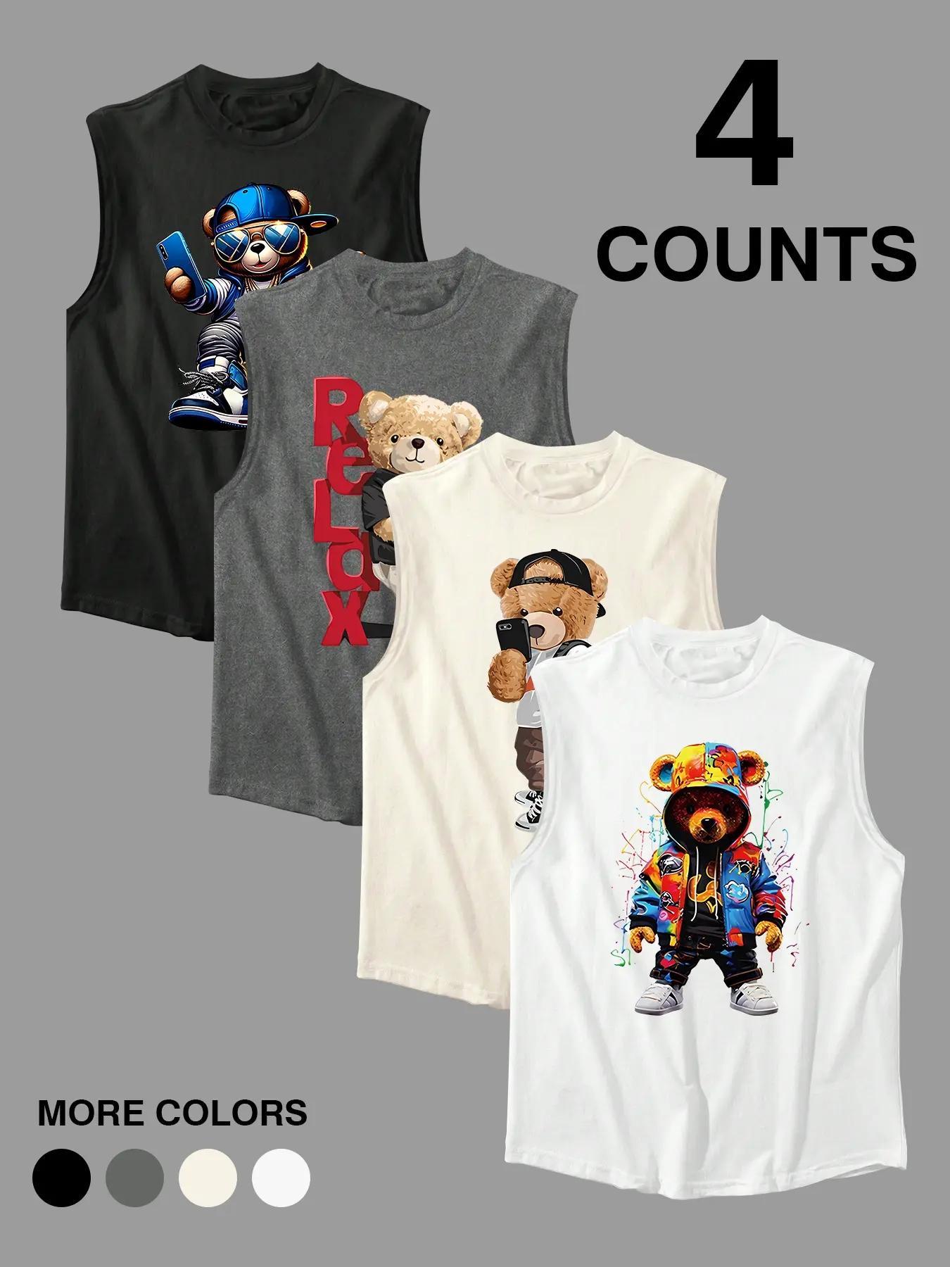 Men's Bear & Letter Print Round Neck Tank Top, Regular Fit Casual Sleeveless Printed Crew Neck Top for Summer, Sleeveless Shirt, Men's Clothes for Daily Wear, Crewneck Menswear, Athletic Tank Tops, Workout Tank Tops, Tank Undershirt Pack, Vests