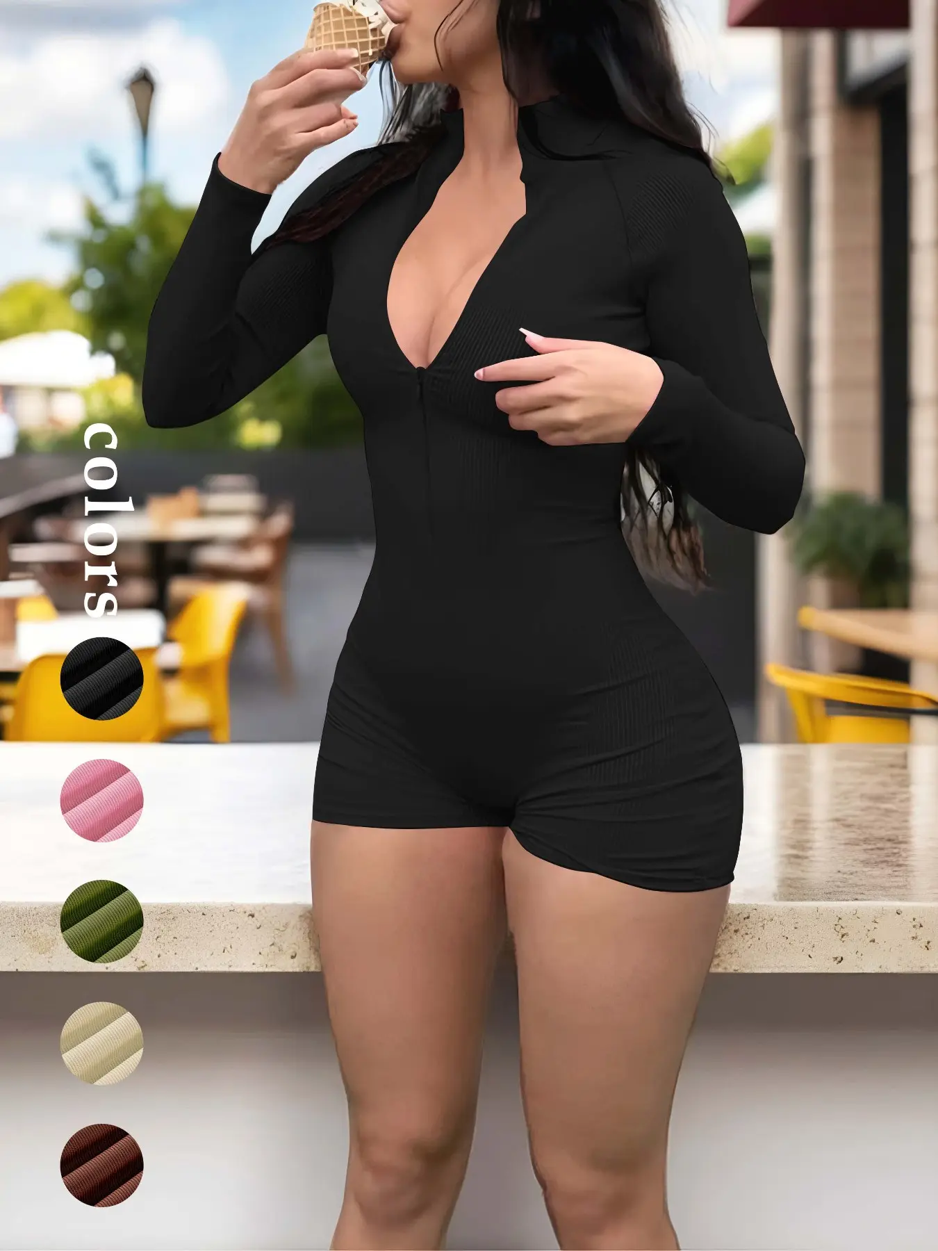 Women's Sporty Casual Ribbed Half-Zip Short Jumpsuit, Shorts Jumpsuit, Activewear Jumpsuit, Athletic Jumpsuit, Half Zip Jumpsuits, Long Sleeve Stand Collar Slim-Fit Bodycon Romper, Yoga Romper for Fitness and Daily Wear
