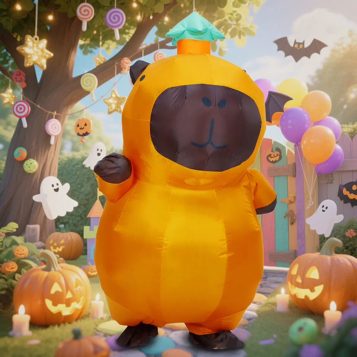 2.2m Cute Capybara Inflatable Costume, Polyester Material, Youth/adult Size, 150-190cm, Includes Fan & Battery Box, Perfect for Halloween Cosplay