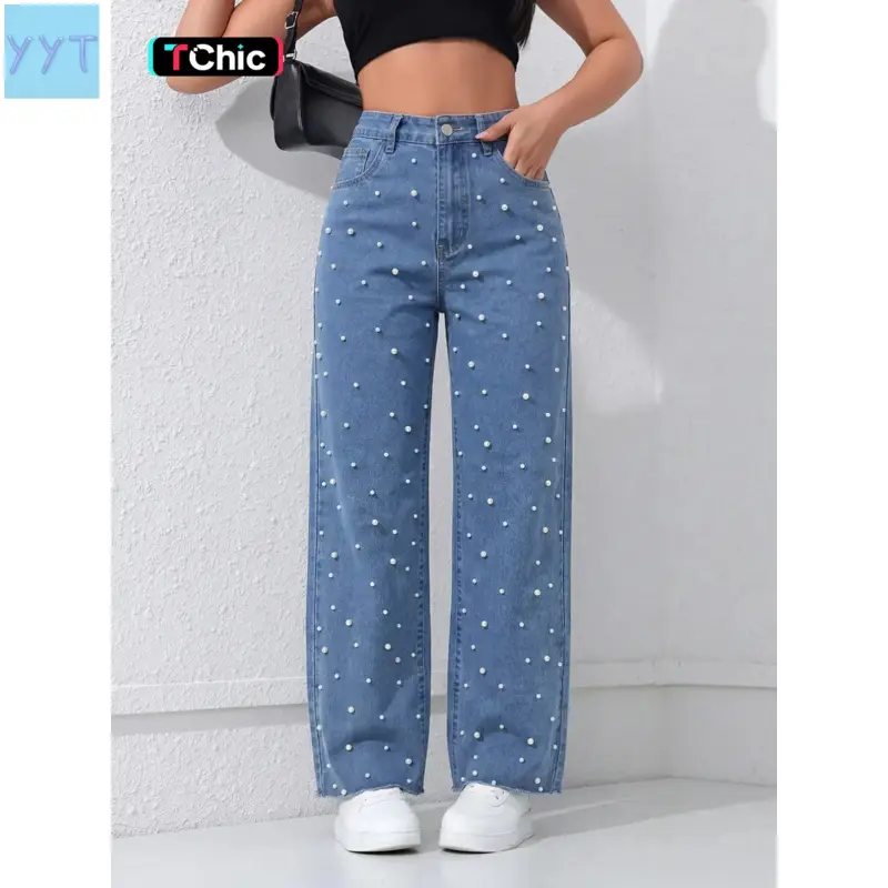 YYT1 Women's High-Waisted Light Blue Washed Pearl Decorated Button-Front Wide-Leg Jeans, Casual All-Season Machine-Washable Long Pants