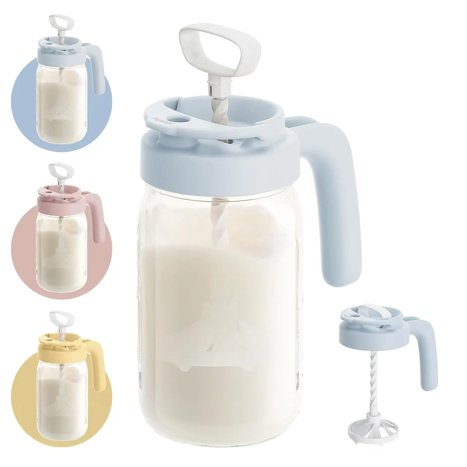 Blue Glass BPA-Free Breast Milk Pitcher with Handle Lid, Easy-Blend Design, Leakproof Wide-Mouth Fridge Storage Container for Baby Feeding