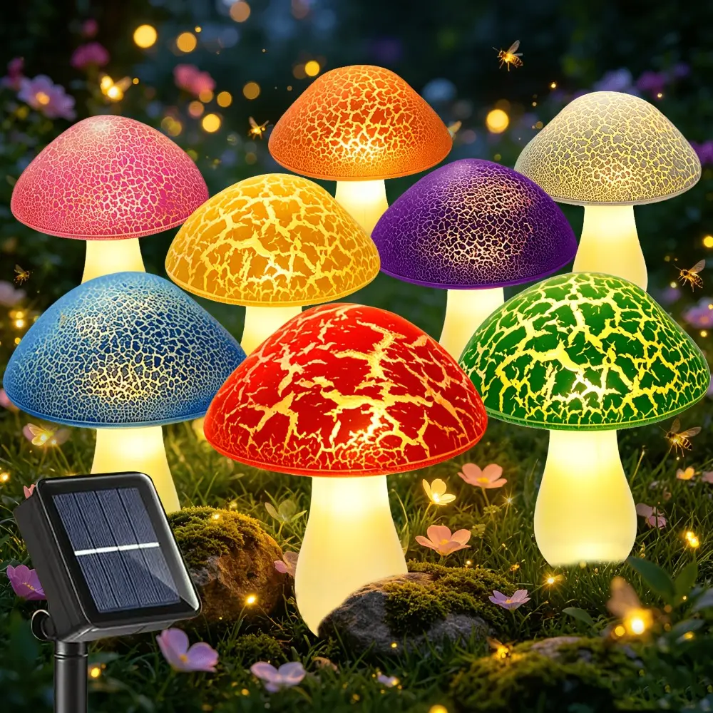 8 Pack Solar Cracked Cap Mushroom Garden Lights, European Style Waterproof Outdoor Decor Lamps with 8 Led Beads, Auto on & Off Design, Weather Resistant Mini Landscape Ornament Lights for Yard Walkway Patio Lawn Decoration