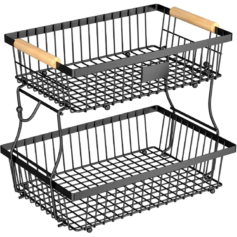Carbon Steel 2-Tier Kitchen Organiser Fruit Basket with 2 Banana Hooks, Countertop Kitchenware Metal Bread Basket with Wooden Handle, Large Storage Stand for Vegetables, Snacks, Eggs - Black, Pantry Baskets, Fruit Basket With Banana Hook