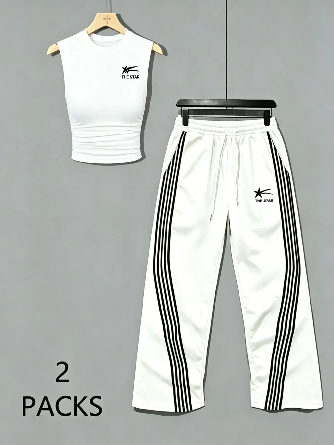 Women's Sweet Savage Style Ruched Sleeveless Top + Striped Sweatpants Set, Mid Waist Loose Fit, All Seasons Fashion