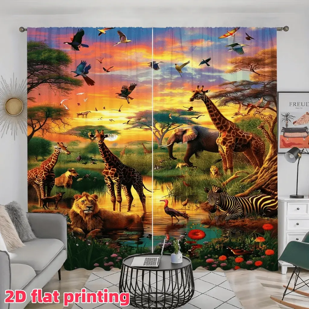 2D Flat 2Pcs Safari Sunset Animal Print Curtains, Wildlife Scenery Window Drapes for Living Room Bedroom Decor, Exotic Landscape Semi-Shade Rod Pocket Treatment, Privacy Protection Home Decor.