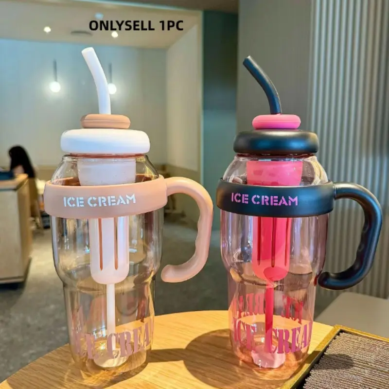 1100ML Large Capacity Water Cup, High Aesthetic Value, Unisex Giant Ice Cup with Handle and Straw, Summer Plastic Cup