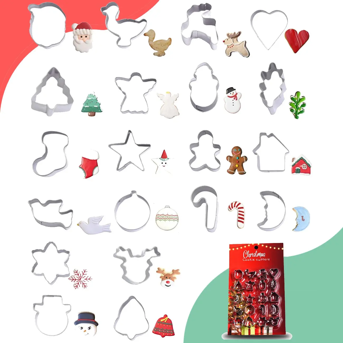 20-Piece Mini Christmas Cookie Cutter Set, Stainless Steel Cookie Molds – Forest Christmas Tree, Snowman, Reindeer, Star, Stocking, Candy Cane, Gingerbread Man, etc.; Suitable for Cookie Decorating, DIY Baking, and Handmade Treats – Gift Cookies