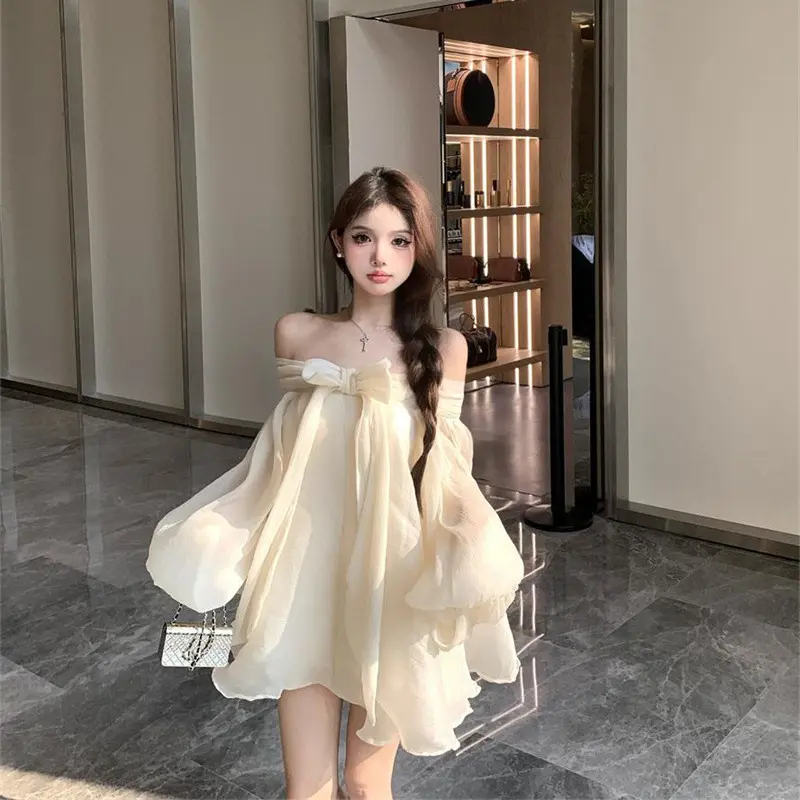 Gentle wind French bow one-word shoulder chiffon dress summer new temperament age-reducing loose and thin short skirt