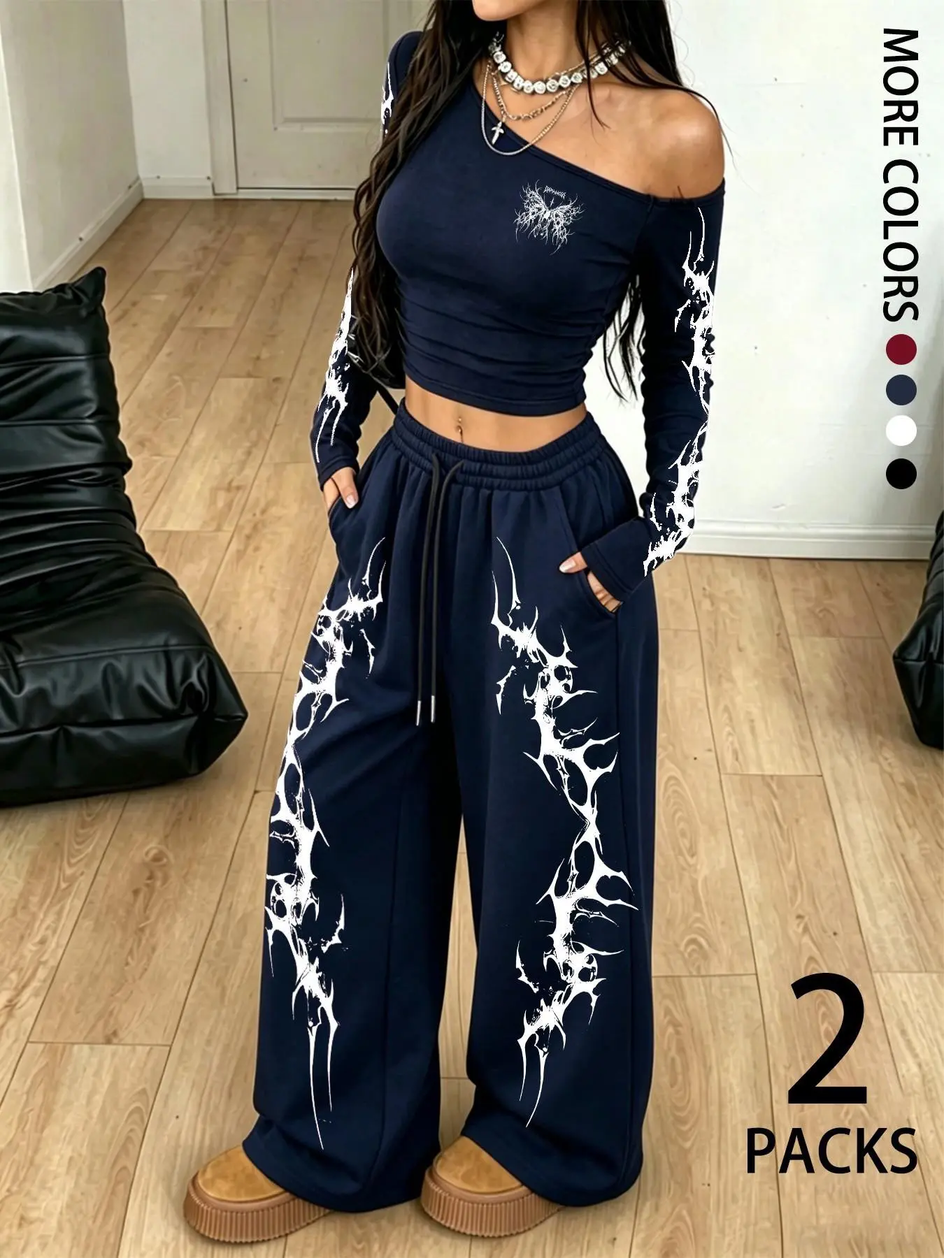 Women's 2-Piece Set, Casual Asymmetrical One-Shoulder Slimming Long Sleeve Top, Drawstring Wide Leg Pants, Soft Fabric, Outdoor & Streetwear, Loose Fit