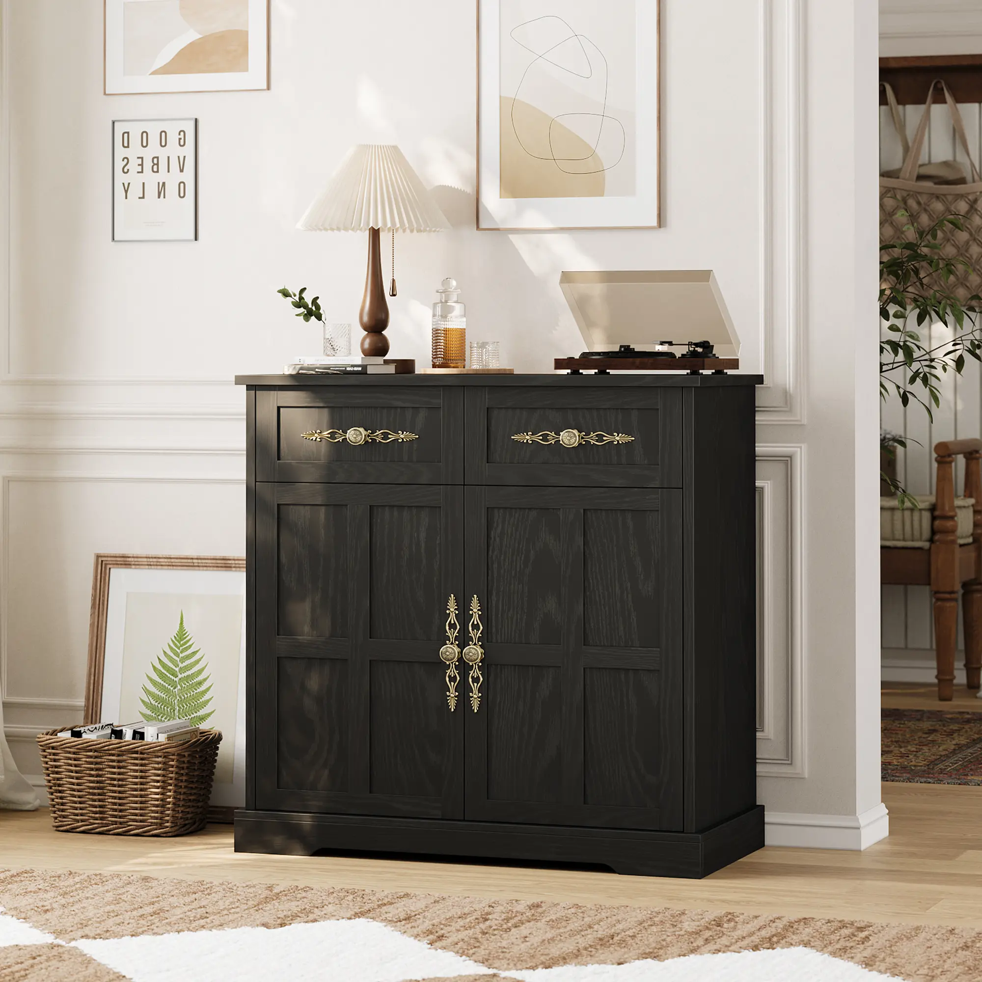 Farmhouse Buffet Sideboard 4 Drawers 2 Doors Adjustable Shelves Gold Handles 33.5" Coffee Bar Storage