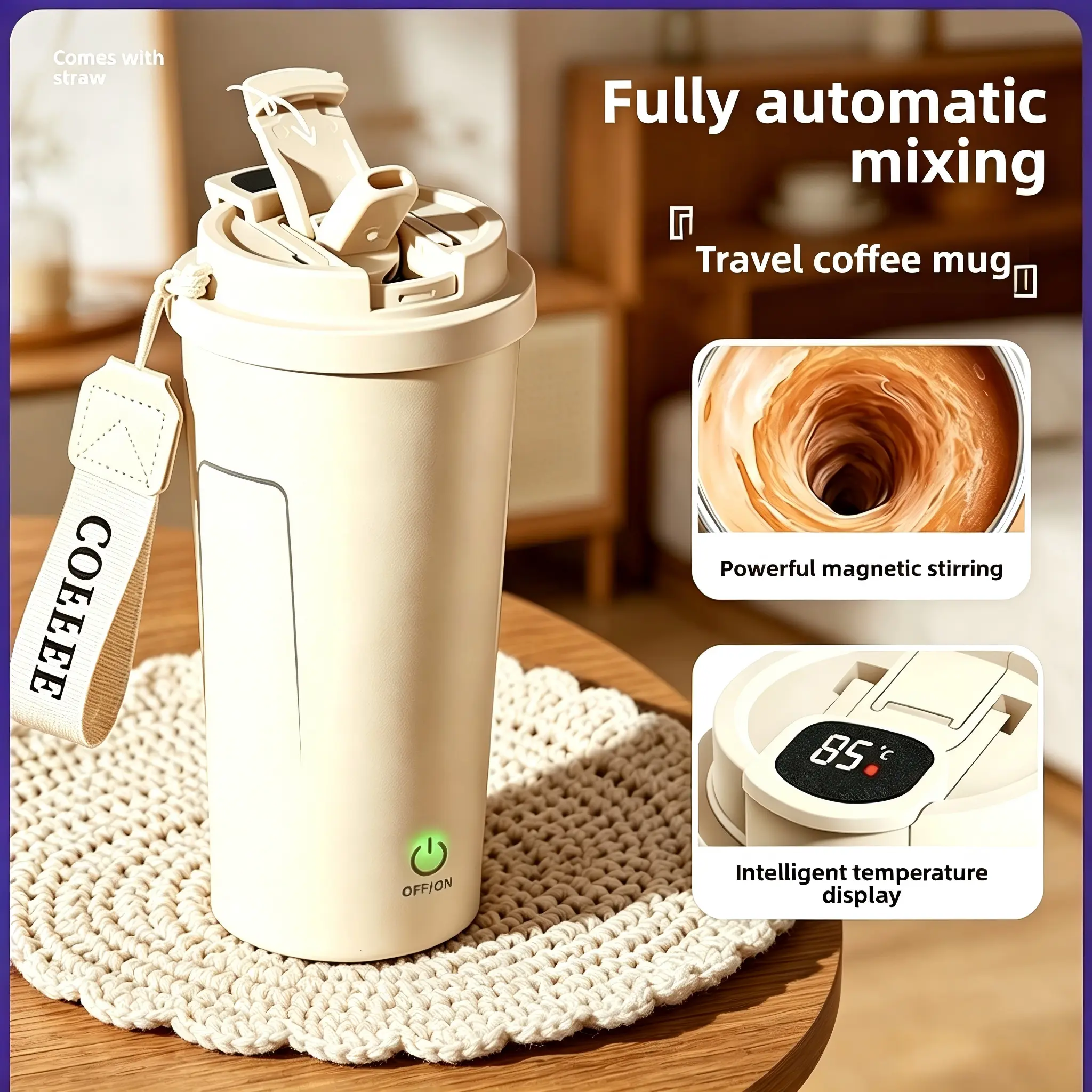 2026 New Beige Rechargeable Smart Stirring Coffee Mug Double Spout Straw Food Grade Temperature Display Portable Water Bottle Outdoor Travel Car Shaker Cup BPA Free Sport
