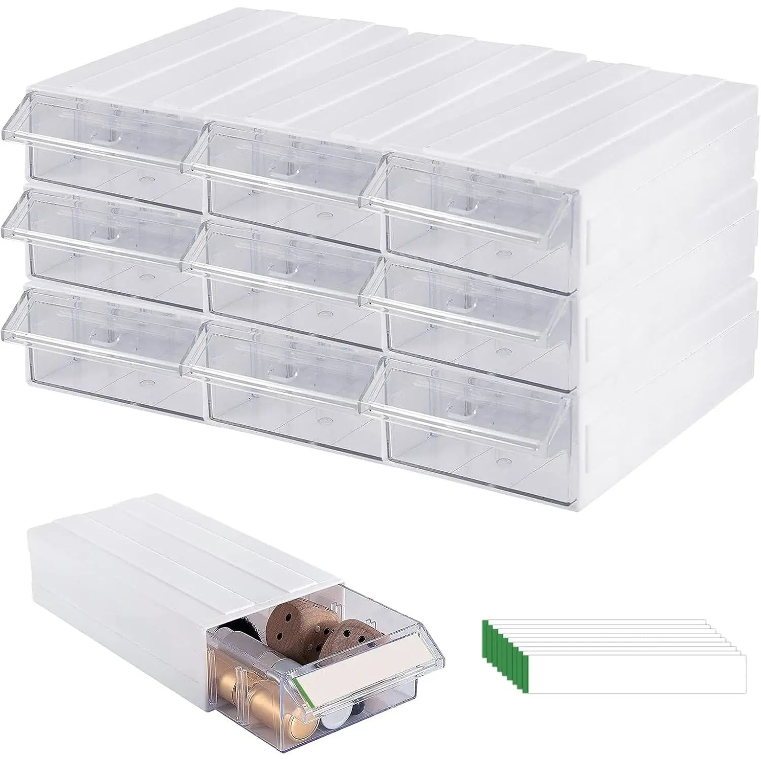 9 Pcs Drawer Stacking Cabinet with 18 Pcs Clear Dividers Organizer Rack & 9 Pcs Tag Card, Stacking-in-Drawer Cabinet for Home Office Small Items