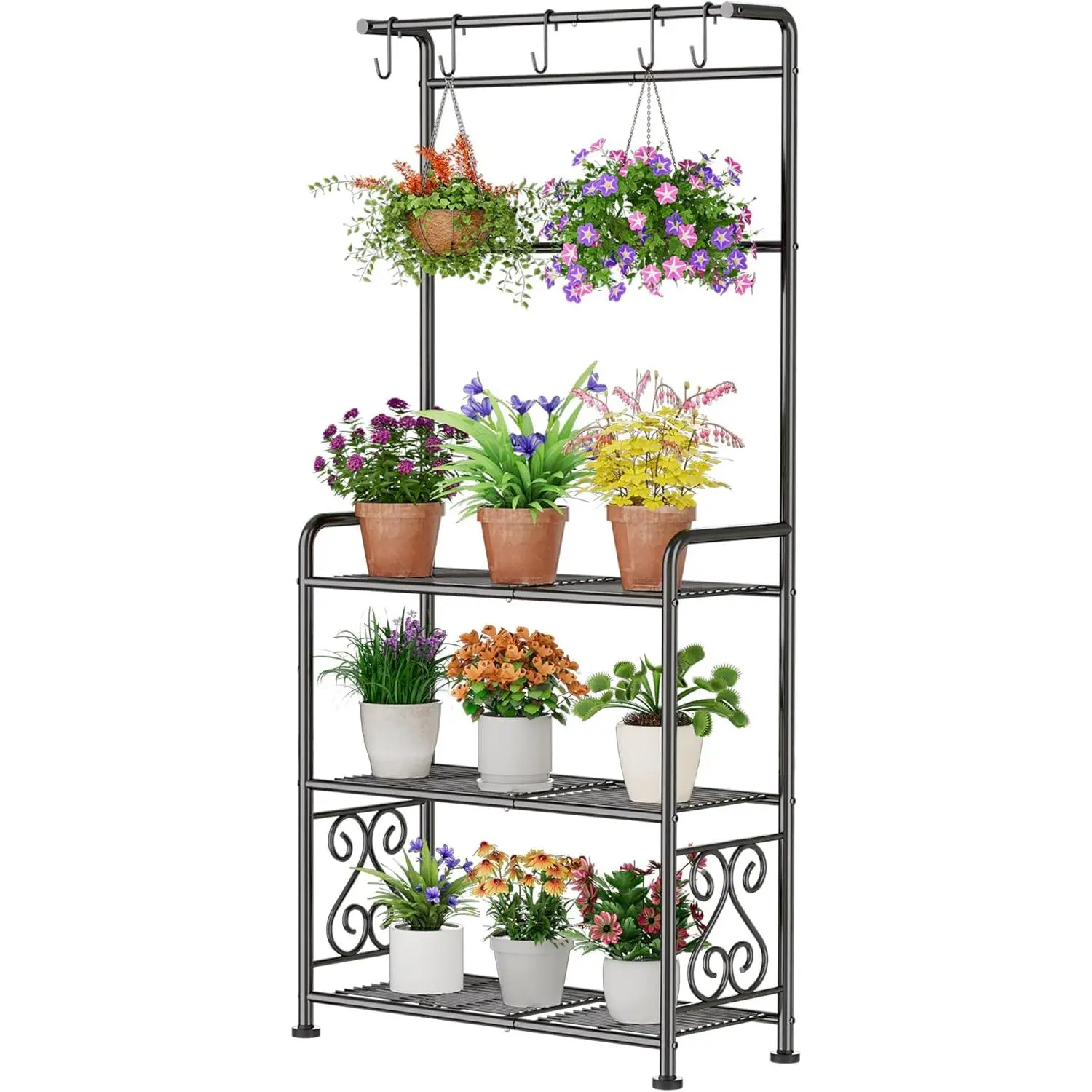 Stand Indoor Outdoor Heavy Duty Metal - 56.4" Tall 3-Tier Shelf for Multiple , , Rustproof Black Storage Rack for Patio, Balcony, Living Room, Garden, Includes Hooks&Adjustable