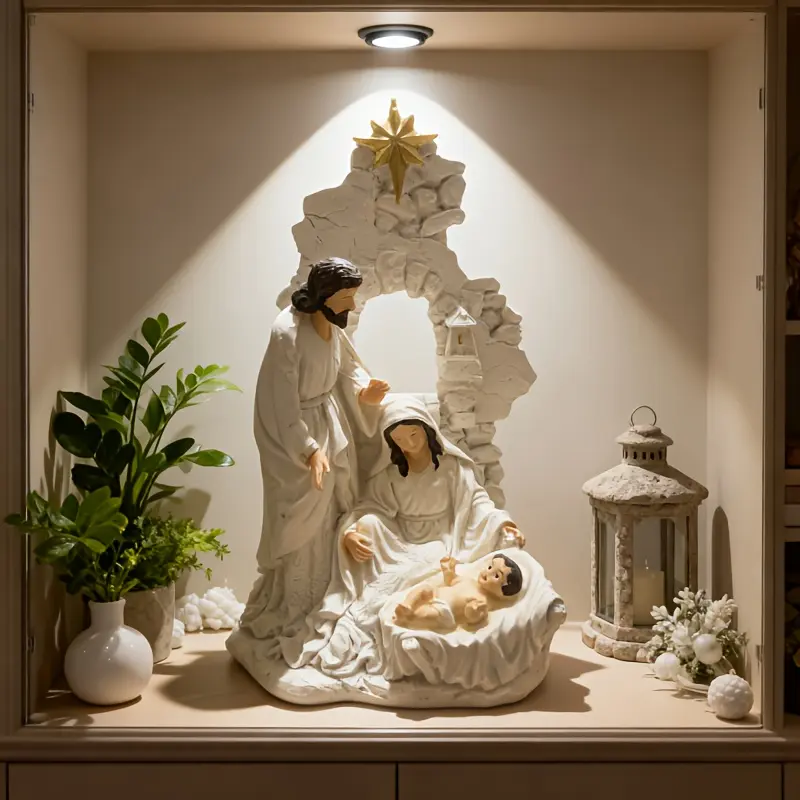 The statue of the Holy Family in the scene of the birth of Jesus, with the Star of Bethlehem, is suitable for indoor Christmas religious home decoration. It is suitable for desktop fireplaces and is an excellent holiday gift for family and friends