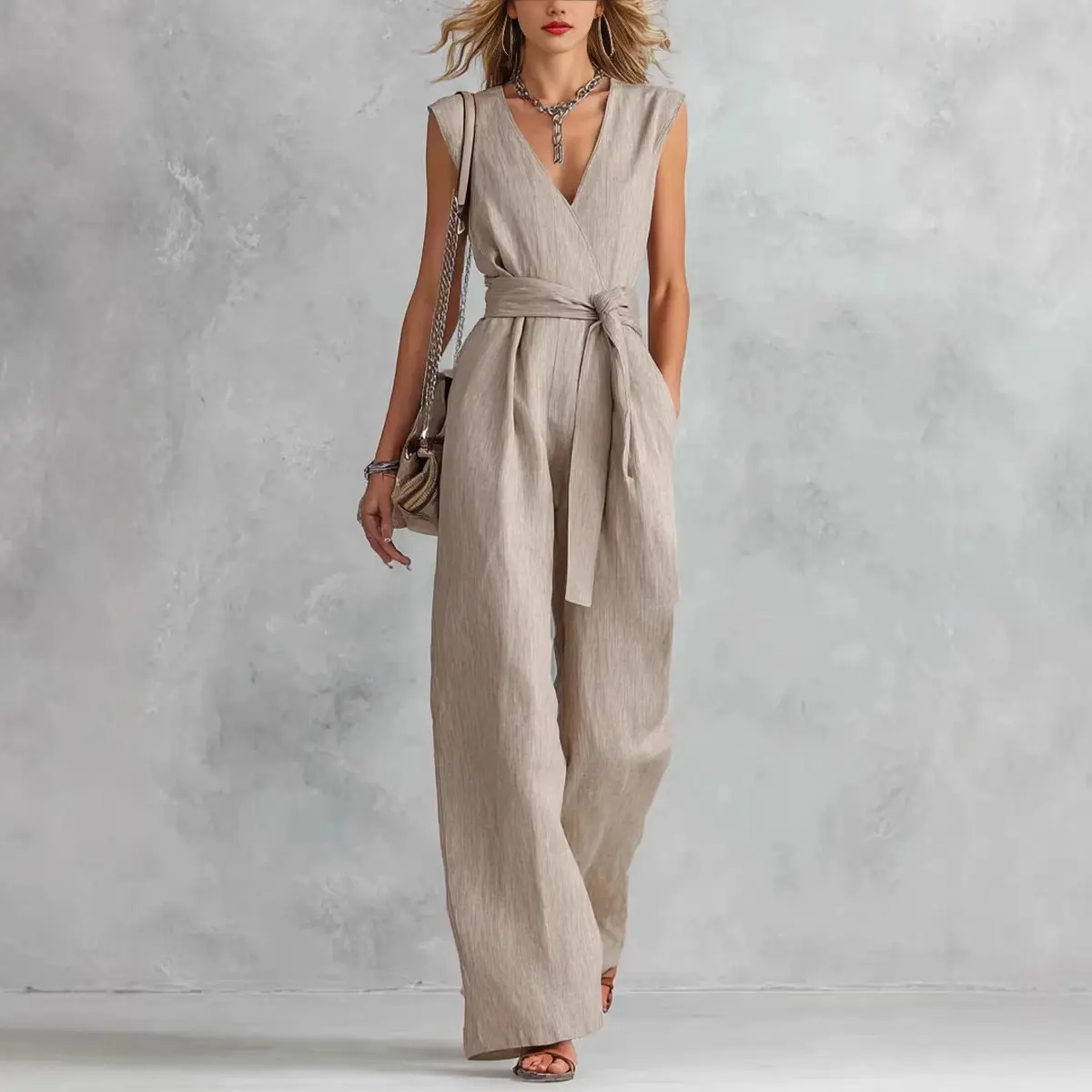 Women’s Sleeveless Wrap Jumpsuit, V Neck Wide Leg One Piece Outfit with Tie Waist and Pockets, Elegant Casual Summer Work and Vacation Wear
