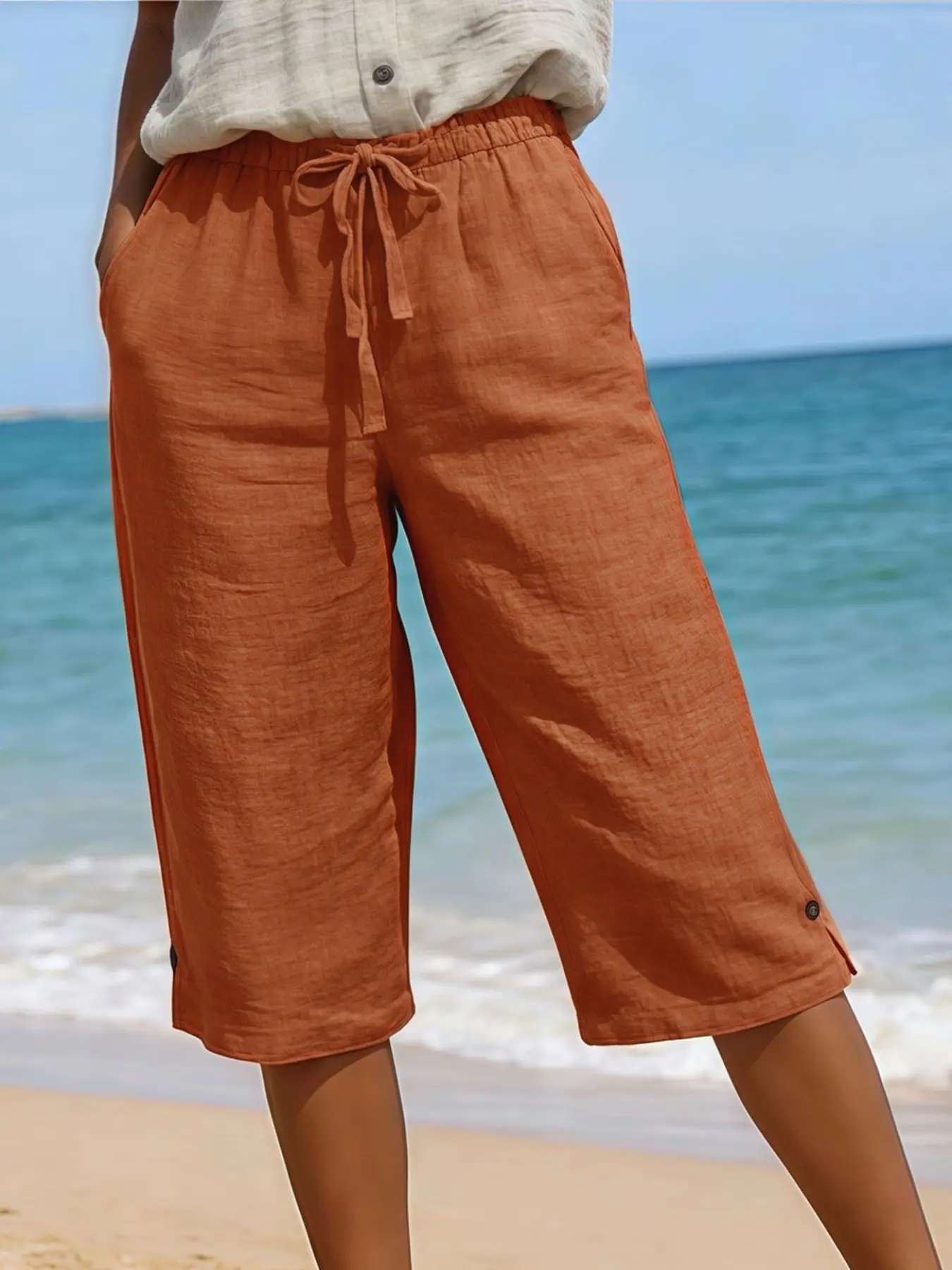 Summer Fashion Women's Loose Seven-Quarter Cropped Pants, Solid Color Cotton Linen Drawstring Multi-Pocket Button Decor, Casual European Style