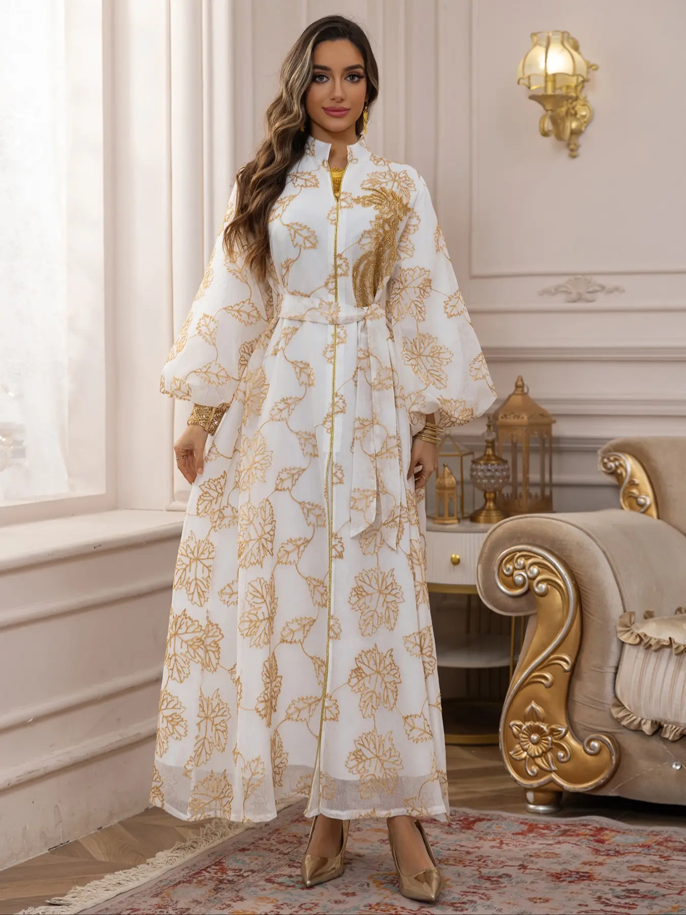 Elegant Embroidered Mesh Abaya Dress for Muslim Women, Muslim Dresses, Perfect for Ramadan and Eid, Loose Fit with Moderate Thickness, Kaftan Abaya Robe
