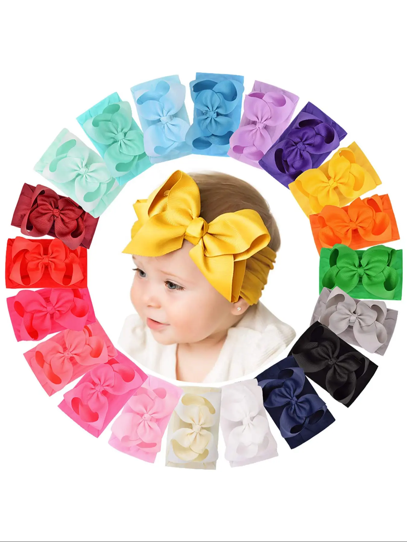 20 Pcs Baby Girl Bow Headbands, Elastic Nylon Hair Bands with Ribbon Bows, Cute Accessories for Newborns, Infants, Toddlers, All Seasons