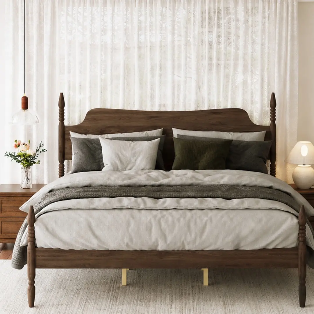 ARCH King Size Platform Bed Frame with Curved Tall Headboard, Spindle Four Poster Bed, No Box Spring Needed, MDF+Rubber Wood, Walnut, 800 lbs Capacity, Bedroom, Queen/King Options, King/Queen Size Options, Walnut Color Options, MDF+LVL/Rubber Wood