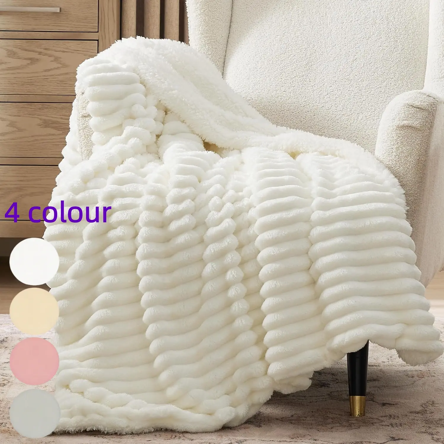 1pc Dual-Sided Plush Blanket, Soft and Warm Fleece Thick Blanket for Sofa, Soft Blanket Throw, Ideal Gift for Women, Room Decor, Cream, 50x60 Inches