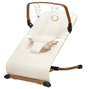 Portable Baby Bouncer, Bouncer Seat for Babies 0-12 Months, 3 Recline Positions, Foldable Baby Rocker Chair with Removable Wooden Bar, Beige