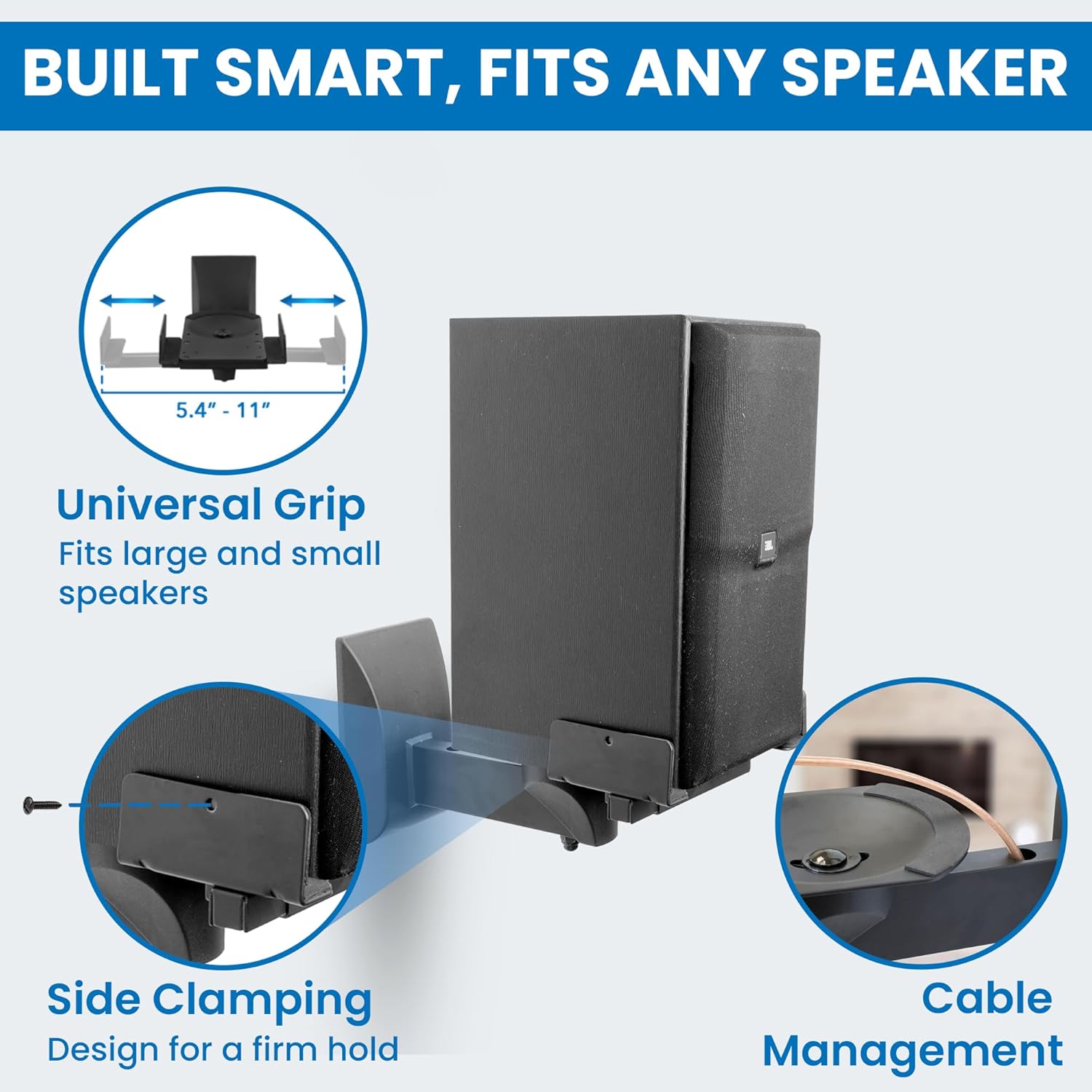 Bookshelf Speaker Wall Mount, Pair of Universal Side Clamping Speaker Shelf Wall Mounting Brackets for Large or Small Speakers, 2 Full Motion Mounts, 55 Lbs Capacity, Black (MI-SB37)