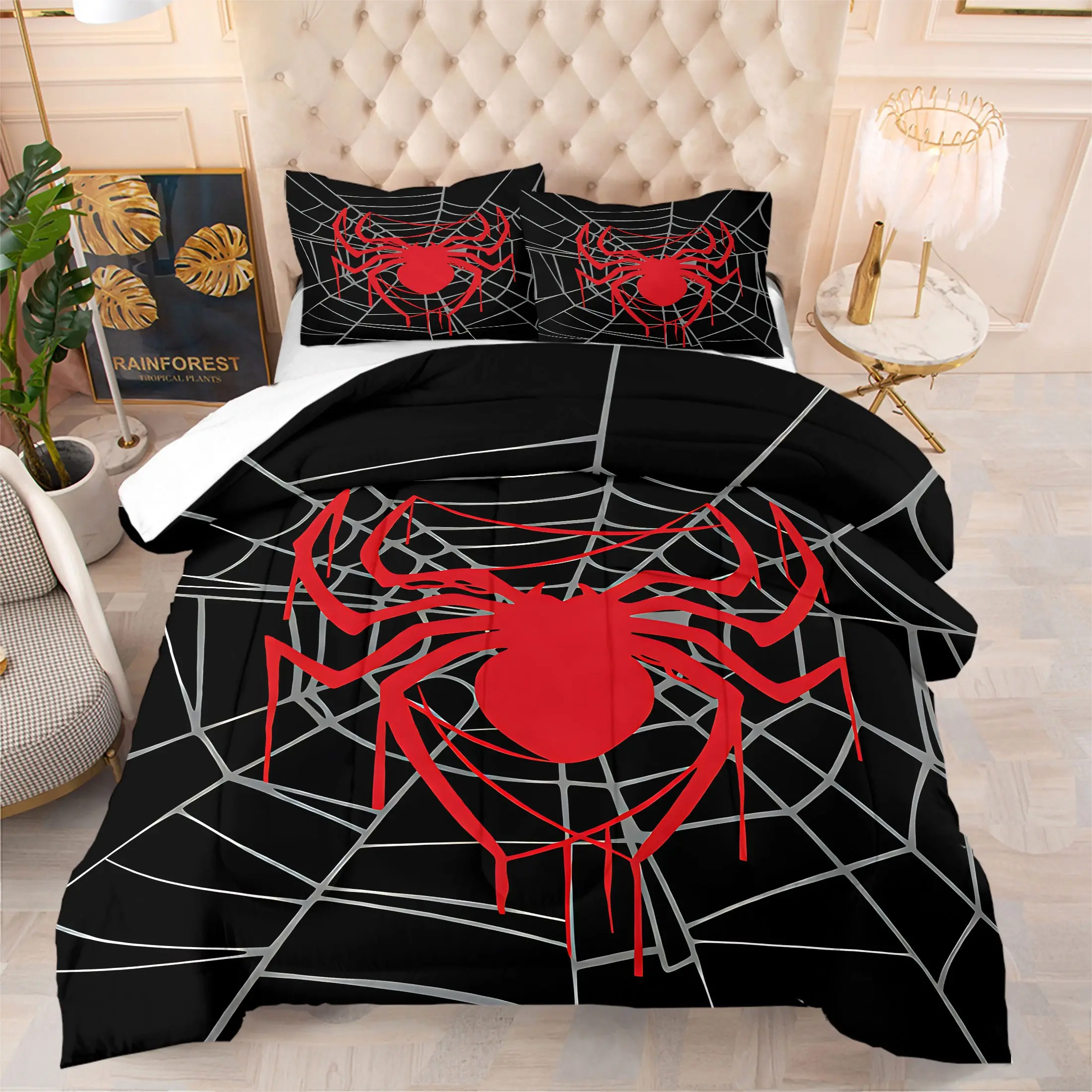 2/3Pcs Gothic Spider Bedding Set, Red Spider Cobweb Comforter Set, Dark Punk Horror Quilt for Bedroom, Soft Aesthetic Bedding Set with Pillowcase, Spooky Halloween Room Decor No Pillow Core