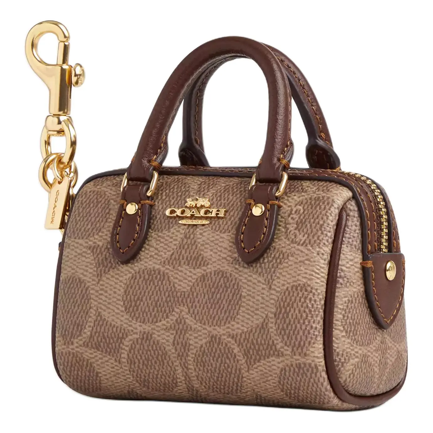 Coach Mini Handbag for Women – Logo-Zip Closure Coated Canvas and Smooth Leather with Gold and Tan Accents