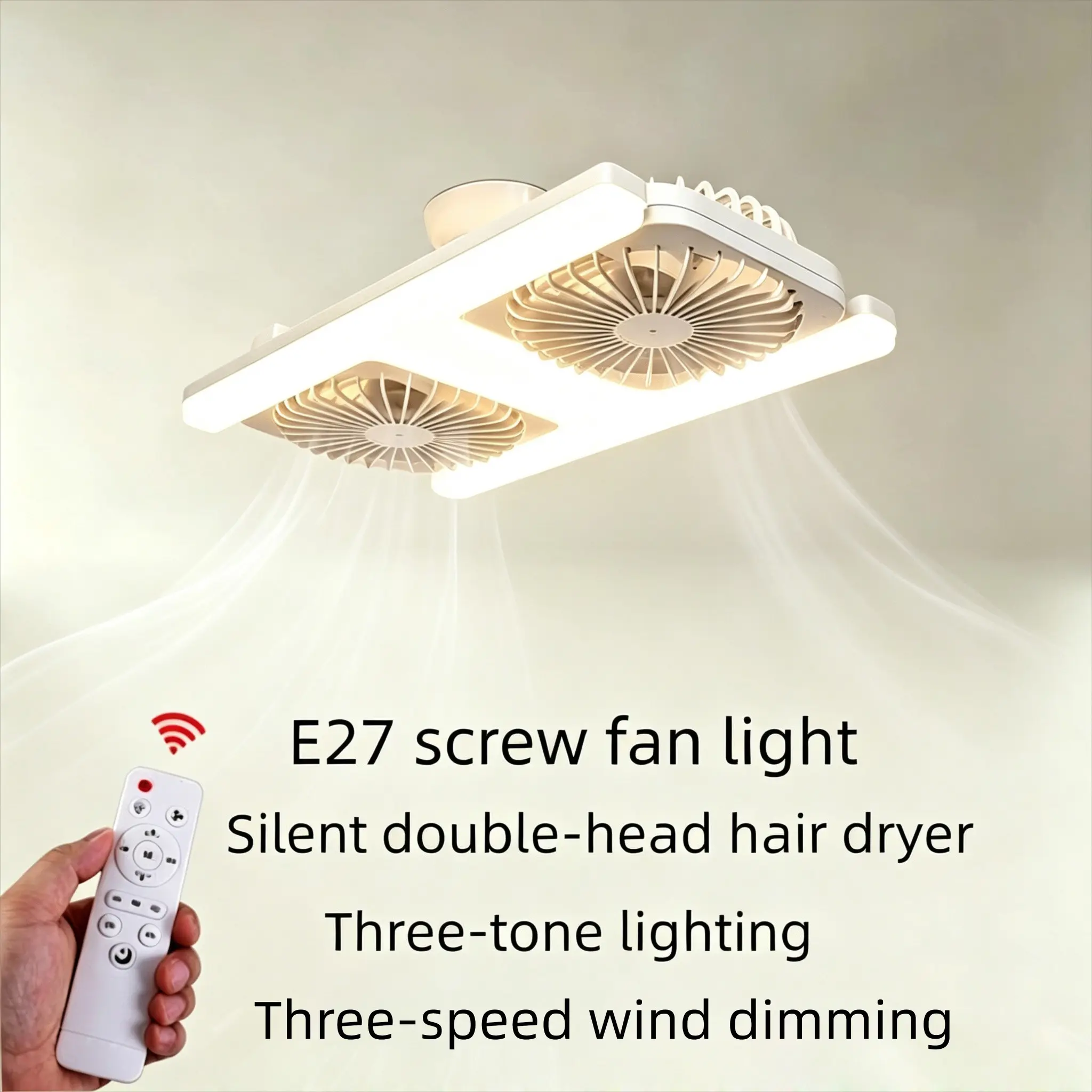 New Ceiling Fan Light E27 Socket Adjustable LED Three Colors Remote Control, Quiet Dual Airflow, Home Kitchen Bathroom Living Room Office