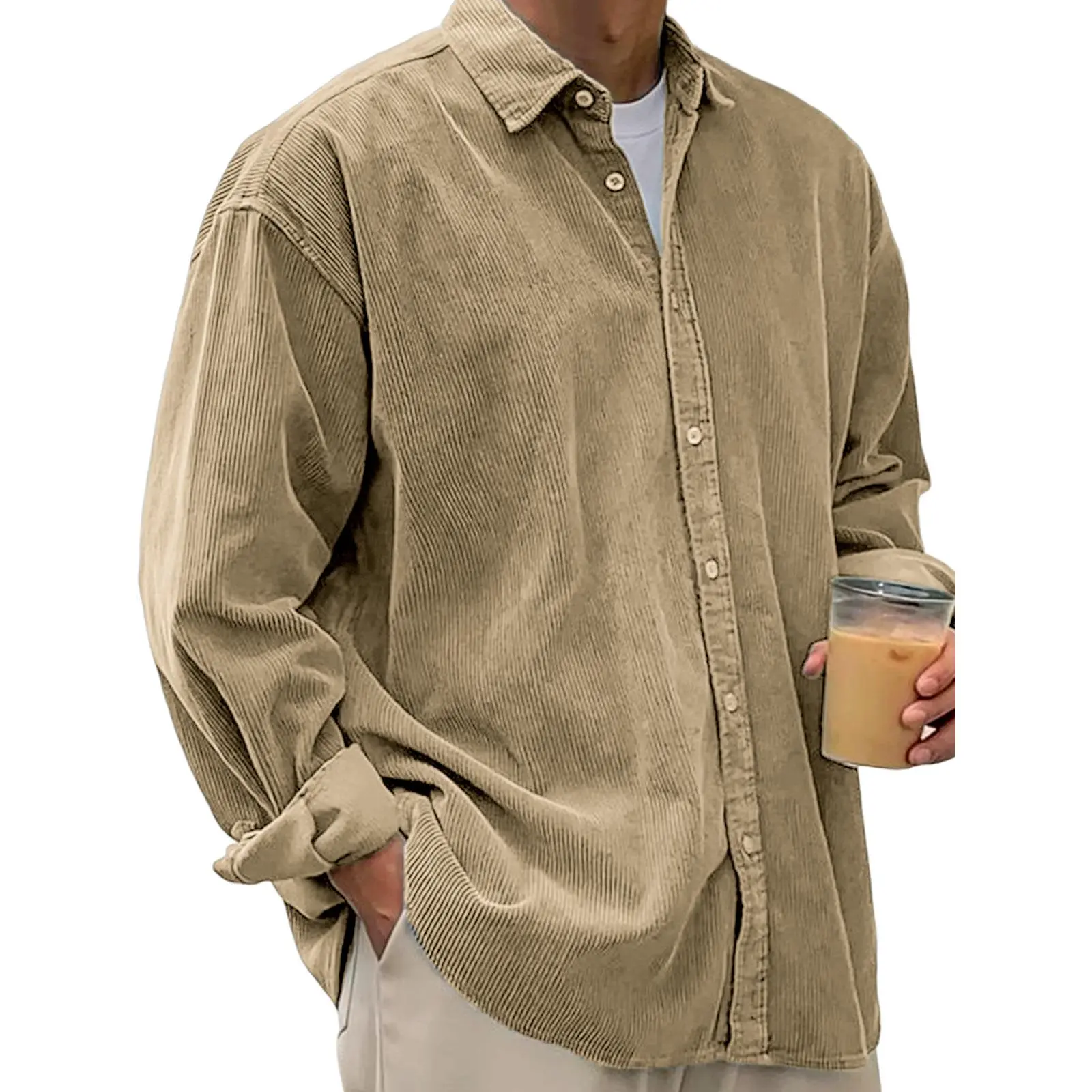 Men's Solid Color Corduroy Long Sleeve Shirt Loose Fit Casual Button Down Shirt Versatile Autumn Outerwear Shirt Can Be Worn As Light Jacket Retro Relaxed Fit Daily Casual Top Classic Lapel Men's Corduroy Shirt Aesthetic Day