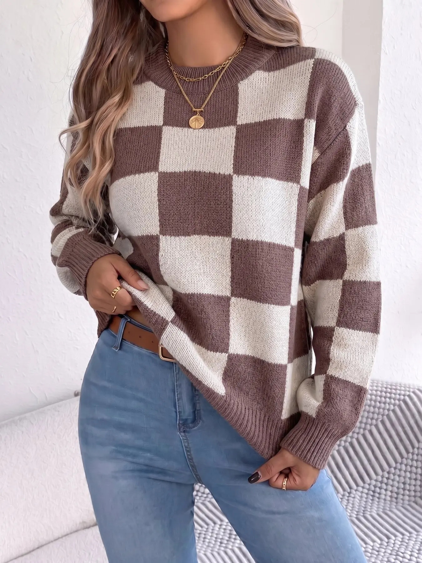 Women's Fall Winter Plaid Round Neck Sweater, Casual Fitted Long Sleeve Pullover, Waist Cinched Leisure Travel Top