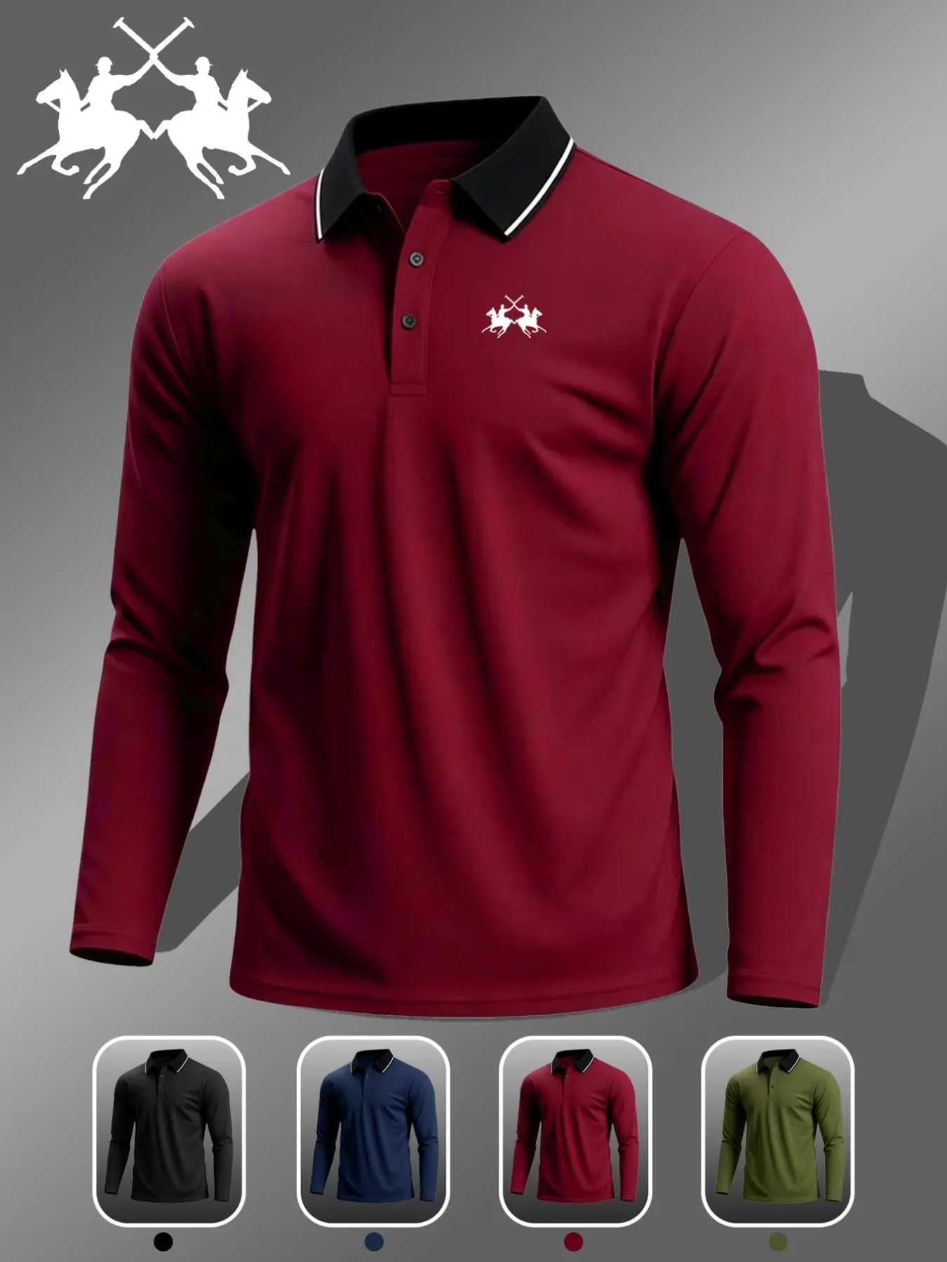 Men's Golf Long Sleeve Polo Shirt, 691 Equestrian Knight Pattern, Elastic Collar, Breathable, Comfortable, All-Season High-Quality Top